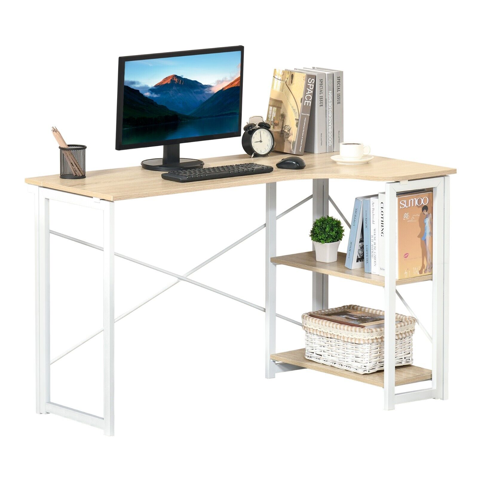 L Shaped Folding Desk Corner Computer Desk Shelves Space Saving Home Office Oak - Home and Garden Furniture Shop - #rustic - furniture#