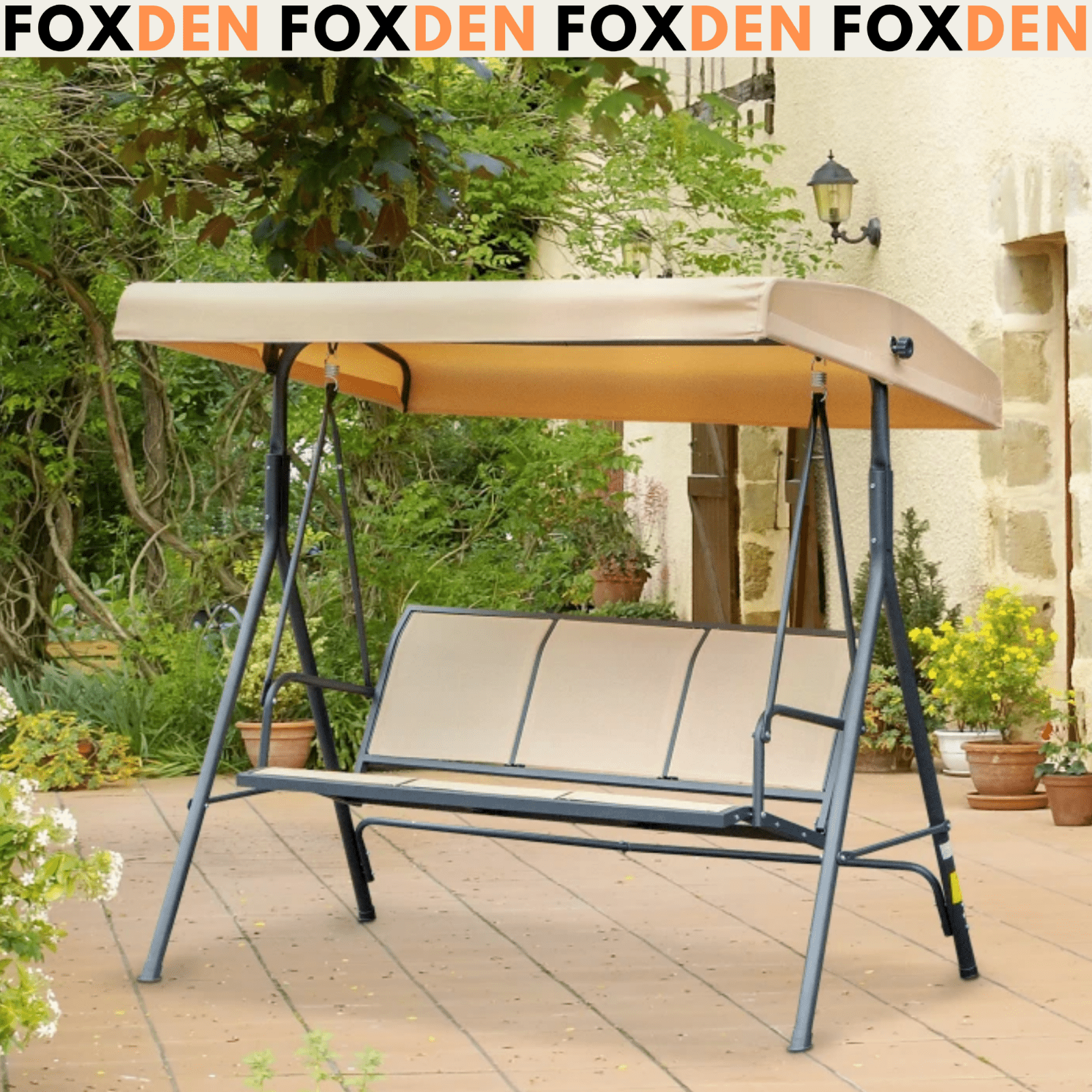 Large 3 Seater Garden Swing Chair Patio Hammock Canopy Outdoor Beige Heavy Duty - Home and Garden Furniture Shop - rustic - furniture