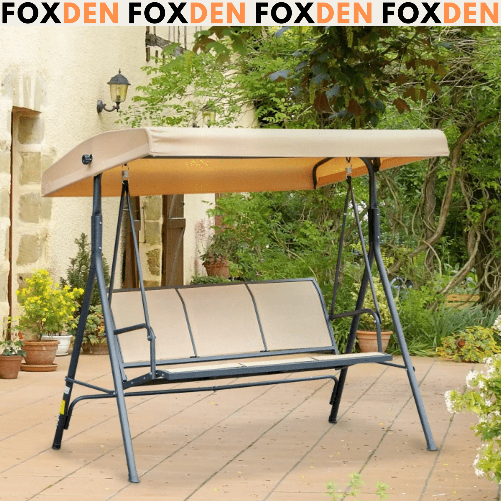 Large 3 Seater Garden Swing Chair Patio Hammock Canopy Outdoor Beige Heavy Duty - Home and Garden Furniture Shop - rustic - furniture