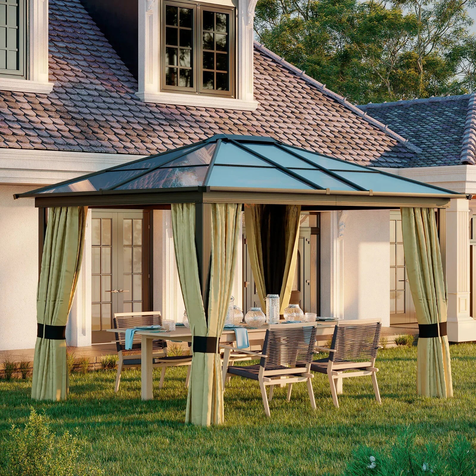 Large 3 x 3.6m Garden Gazebo with Sides Outdoor Hardtop Tent LED Solar Light Set - Home and Garden Furniture Shop - rustic - furniture