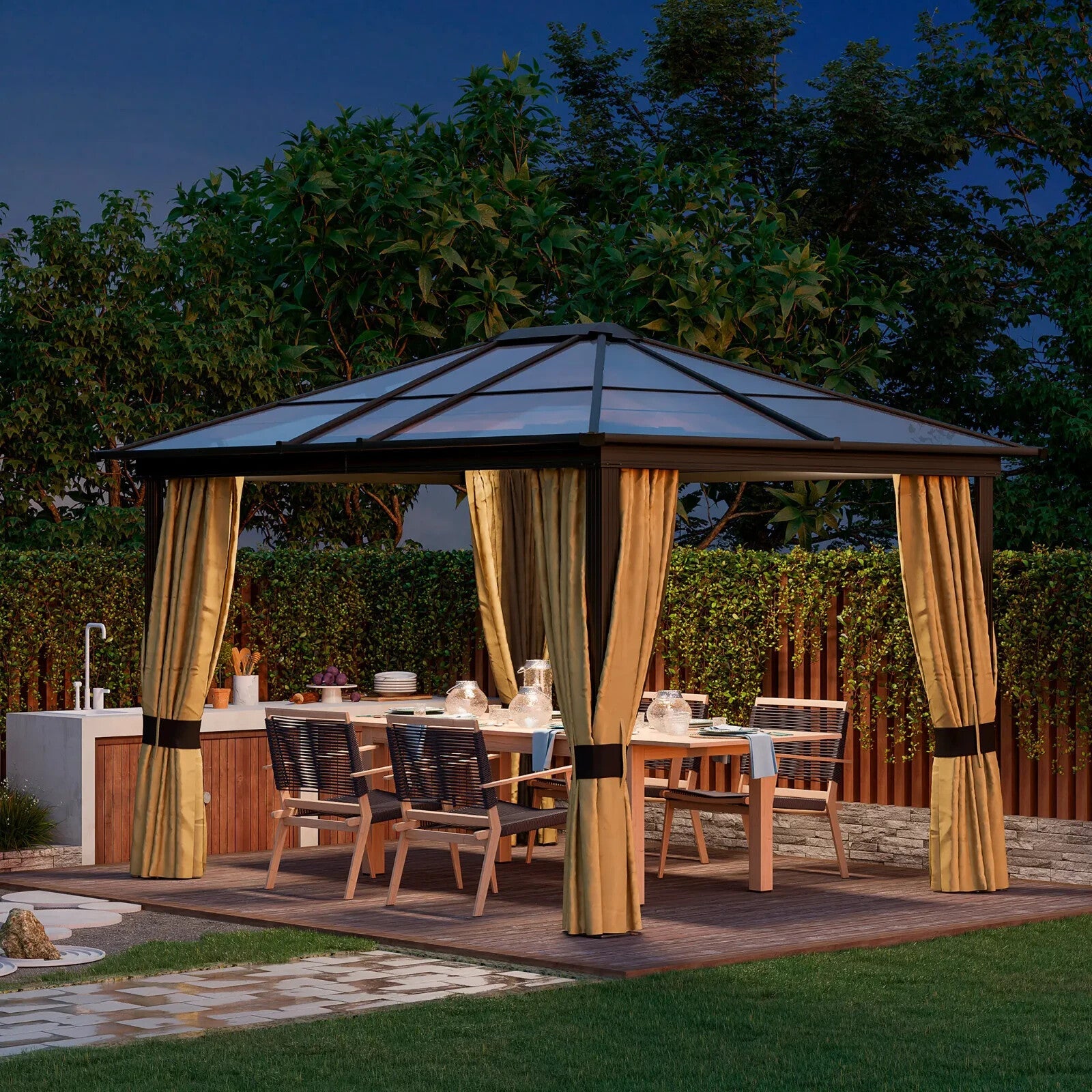 Large 3 x 3.6m Garden Gazebo with Sides Outdoor Hardtop Tent LED Solar Light Set - Home and Garden Furniture Shop - rustic - furniture