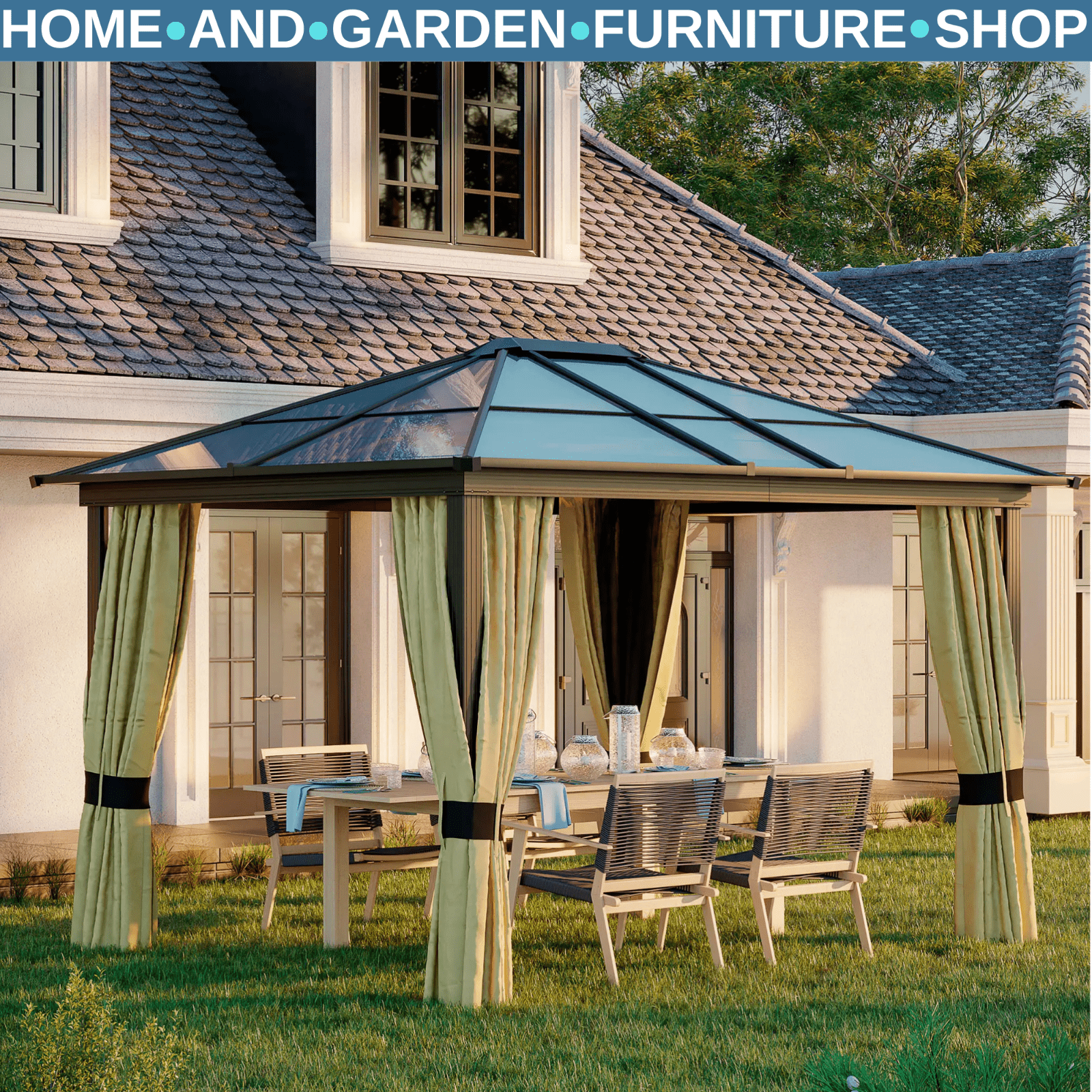 Large 3 x 3.6m Garden Gazebo with Sides Outdoor Hardtop Tent LED Solar Light Set - Home and Garden Furniture Shop - rustic - furniture