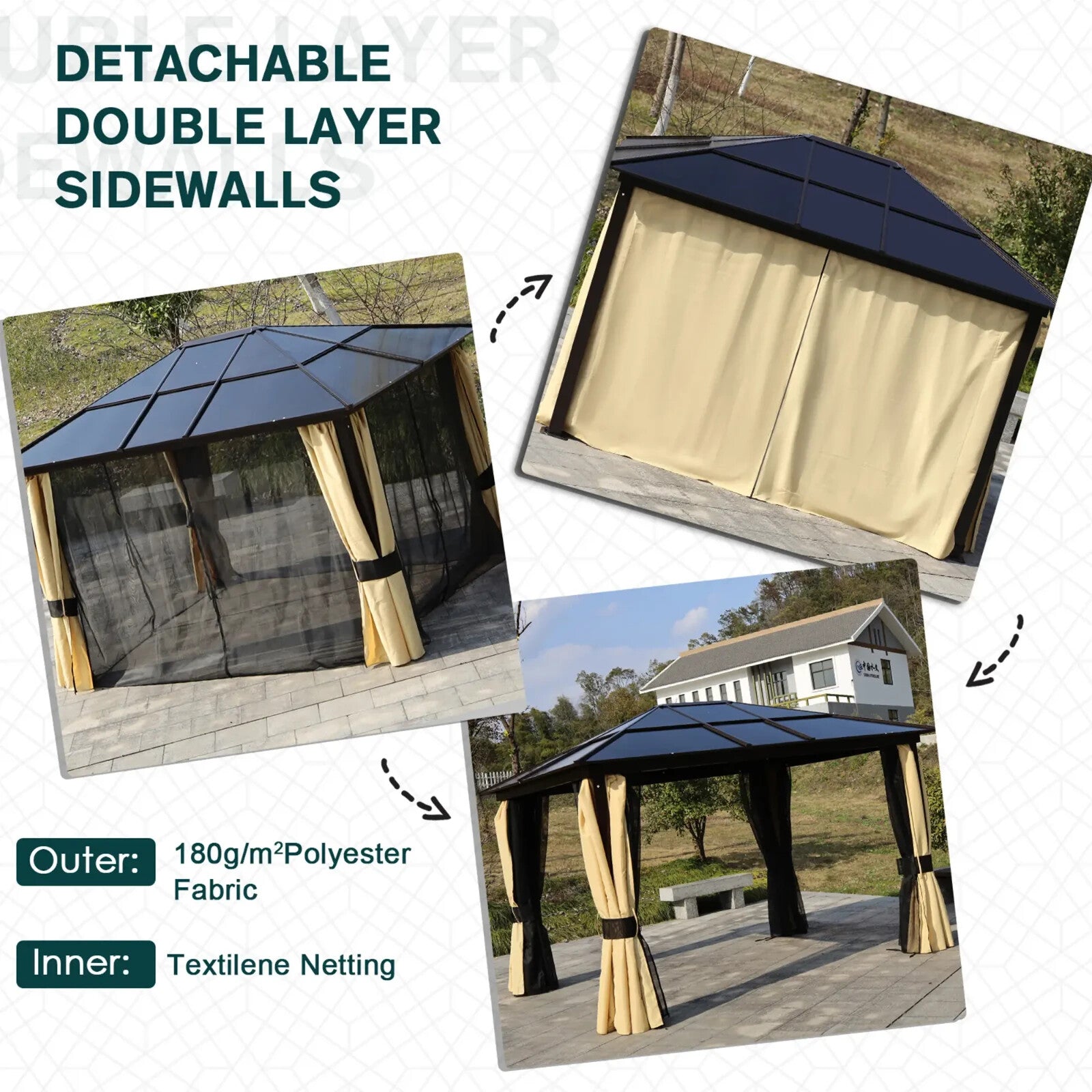 Large 3 x 3.6m Garden Gazebo with Sides Outdoor Hardtop Tent LED Solar Light Set - Home and Garden Furniture Shop - rustic - furniture