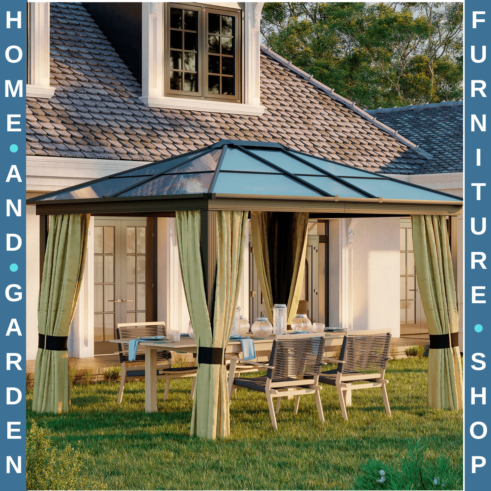 Large 3 x 3.6m Garden Gazebo with Sides Outdoor Hardtop Tent LED Solar Light Set - Home and Garden Furniture Shop - rustic - furniture