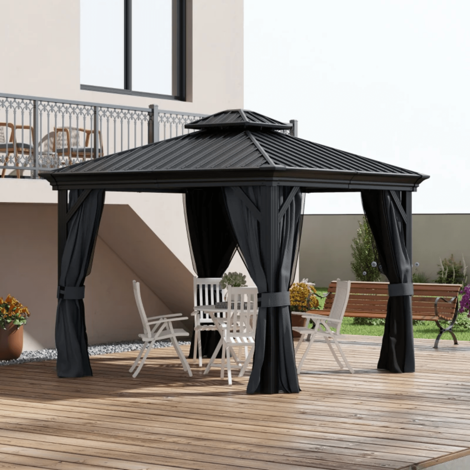 Large 3 x 3.7m Hardtop Metal Gazebo Sides Outdoor Canopy 2 Tier Roof Black Grey - Home and Garden Furniture Shop - #rustic - furniture#