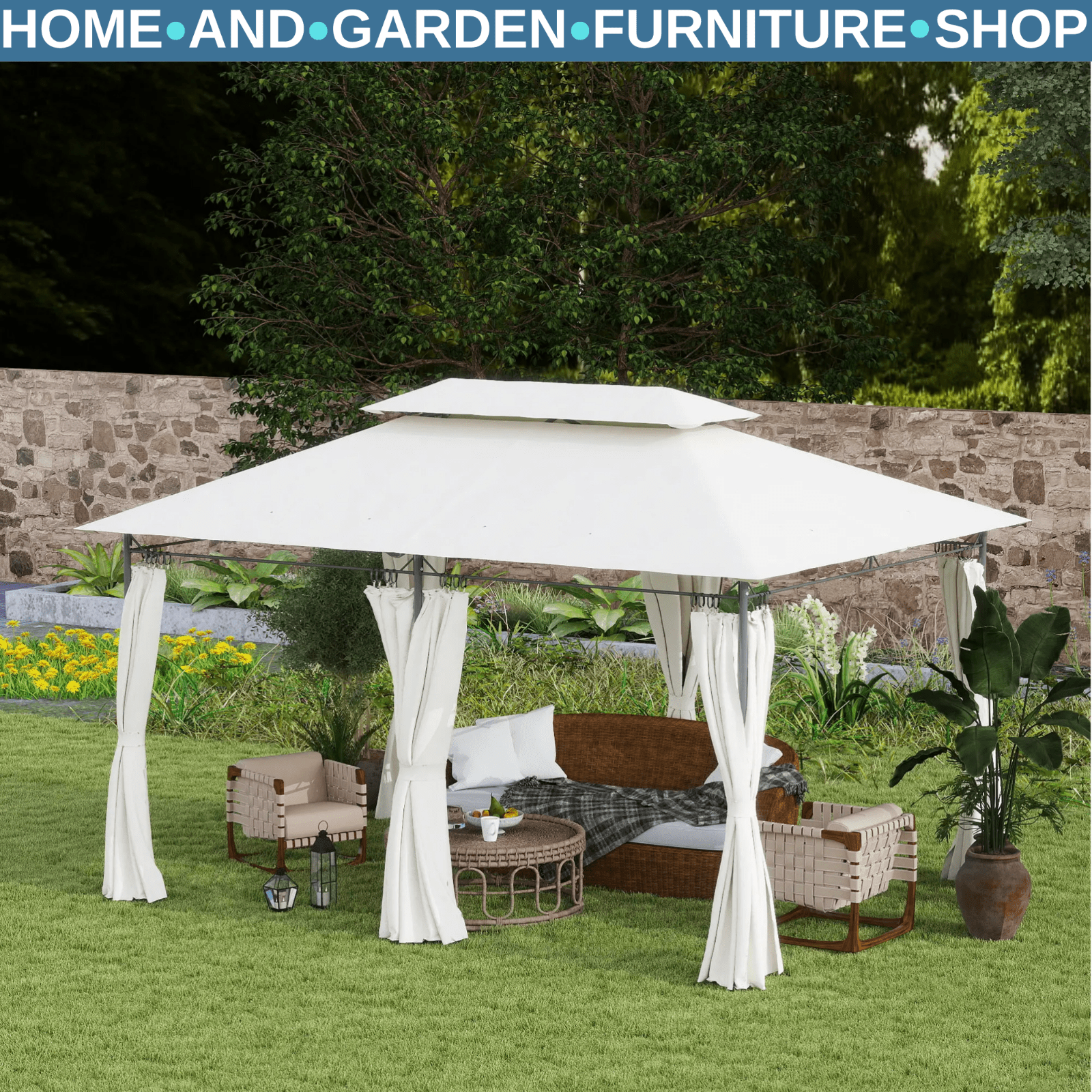 Large 3 x 4m Garden Gazebo with Sides Double Roof Metal Marquee White Curtains - Home and Garden Furniture Shop - rustic - furniture