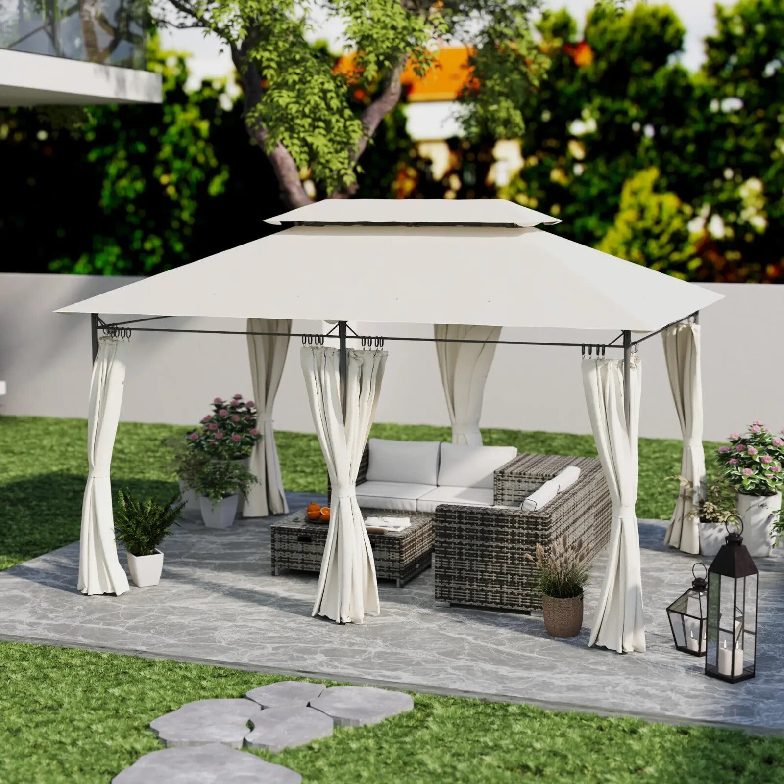 Large 3 x 4m Garden Gazebo with Sides Double Roof Metal Marquee White Curtains - Home and Garden Furniture Shop - rustic - furniture
