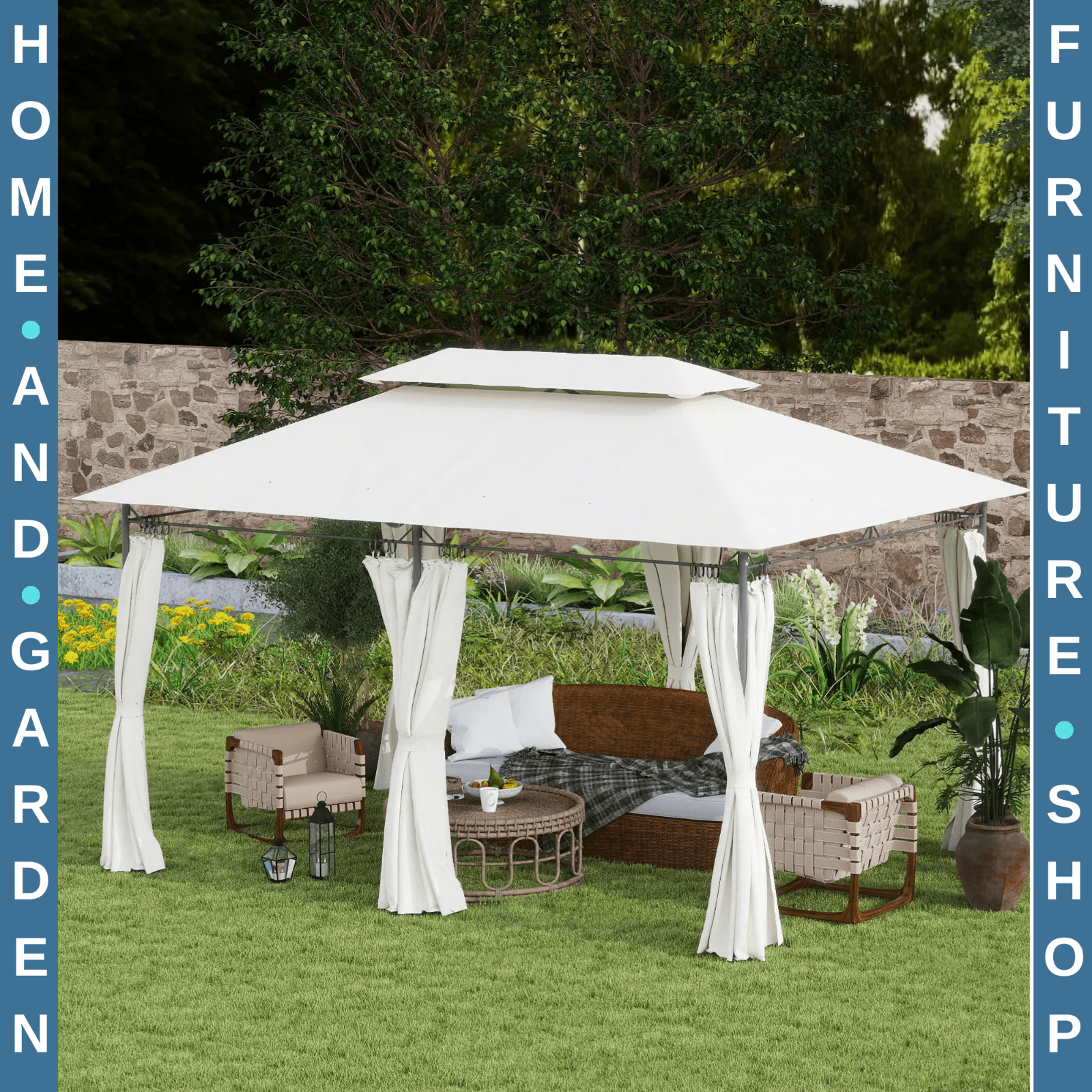 Large 3 x 4m Garden Gazebo with Sides Double Roof Metal Marquee White Curtains - Home and Garden Furniture Shop - rustic - furniture