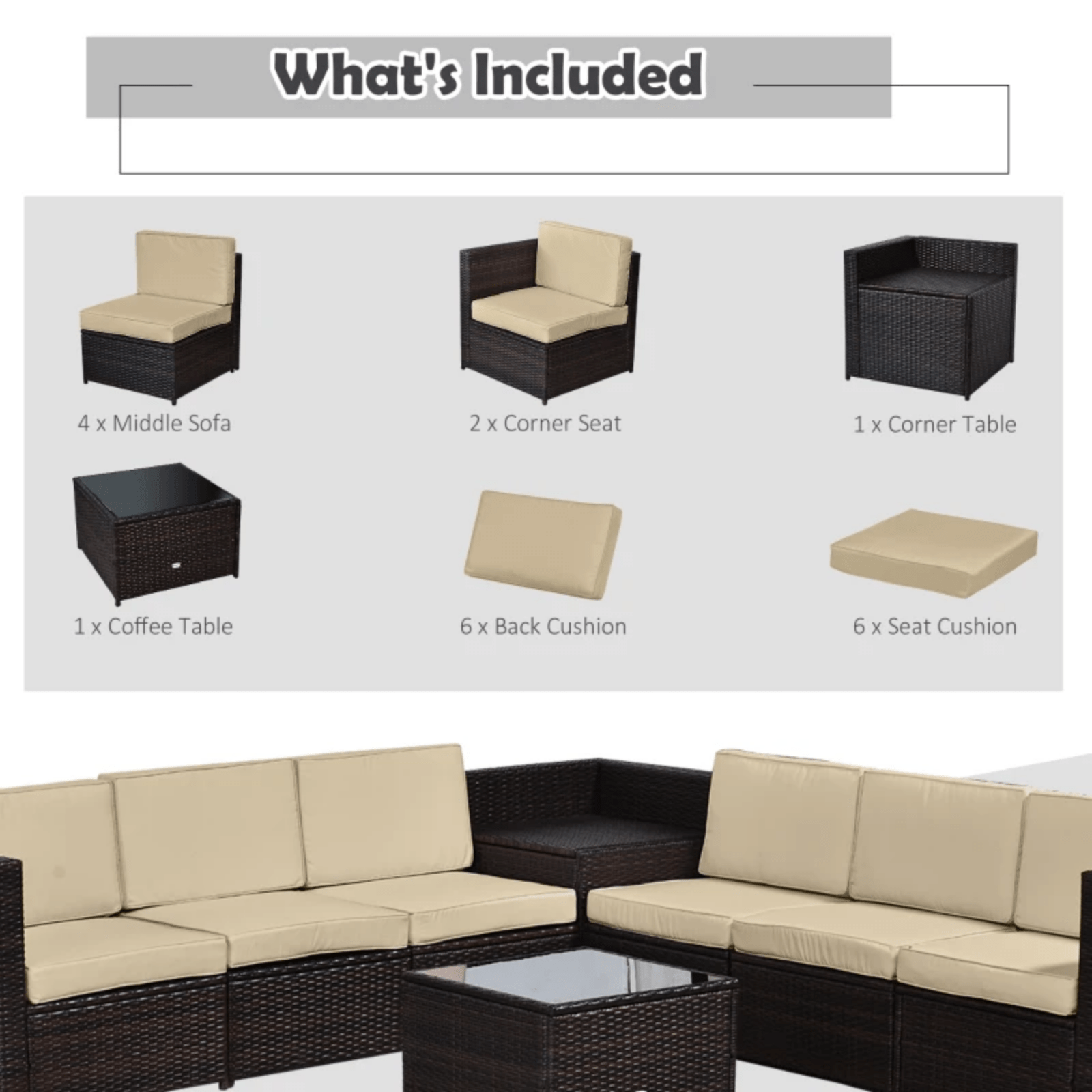 Large 8Pcs Patio Rattan Sofa Set Corner Sofa Garden Furniture Side Table Cushion - Home and Garden Furniture Shop - rustic - furniture