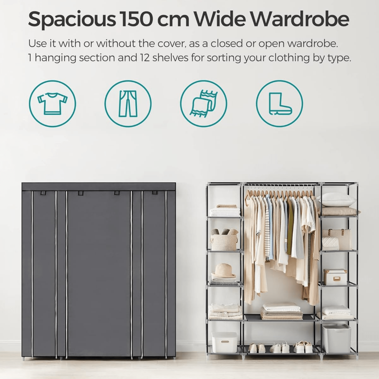 Large Canvas Wardrobe Cupboard Shelves Bedroom Storage Hanging Clothes Rail Rack - Home and Garden Furniture Shop - #rustic - furniture#