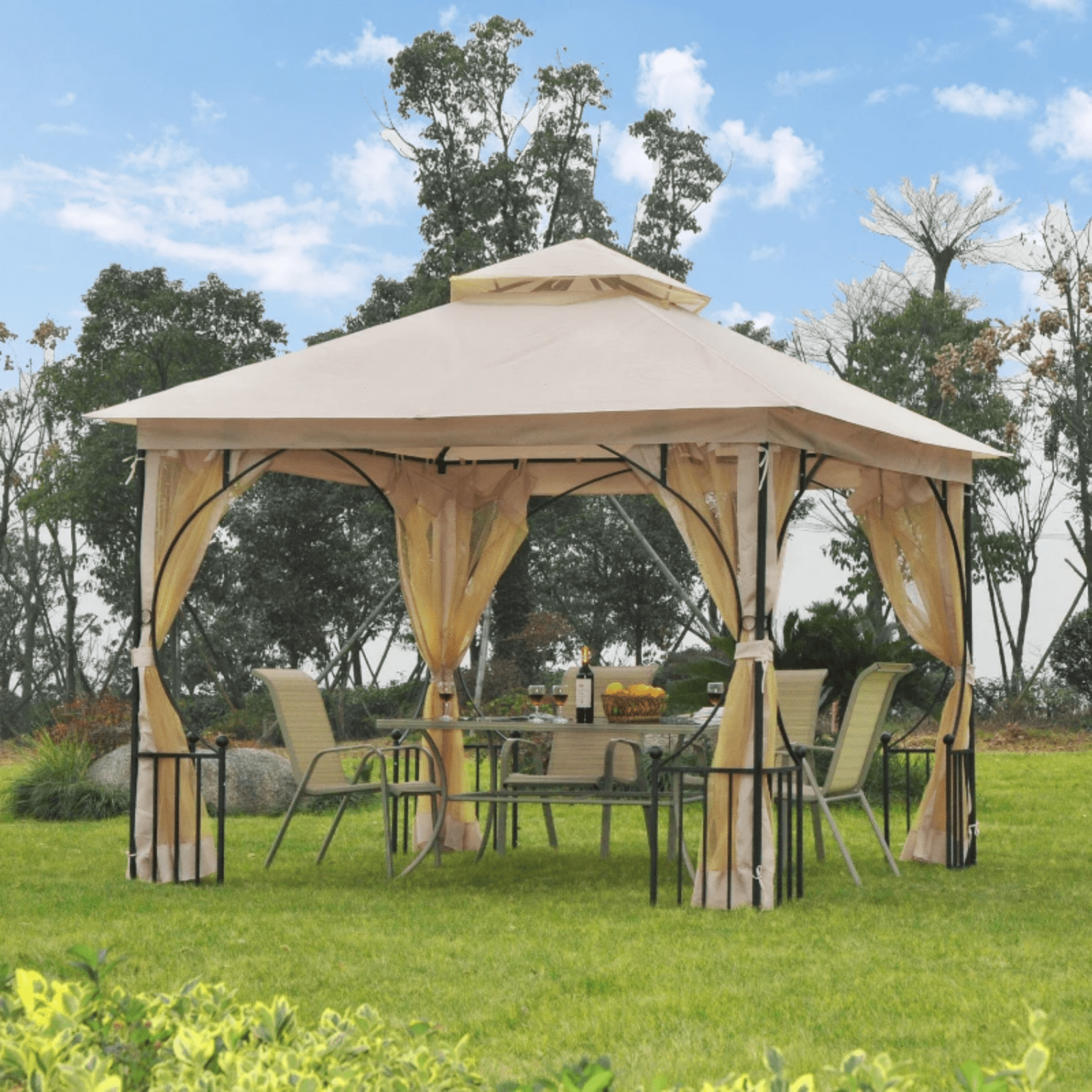 Large Garden Gazebo Sides 3x3m Patio Party Tent Sun Shade Marquee Canopy Beige - Home and Garden Furniture Shop - #rustic - furniture#