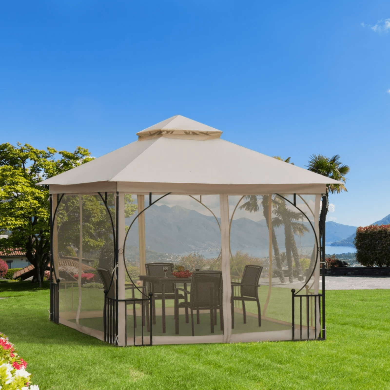 Large Garden Gazebo Sides 3x3m Patio Party Tent Sun Shade Marquee Canopy Beige - Home and Garden Furniture Shop - #rustic - furniture#