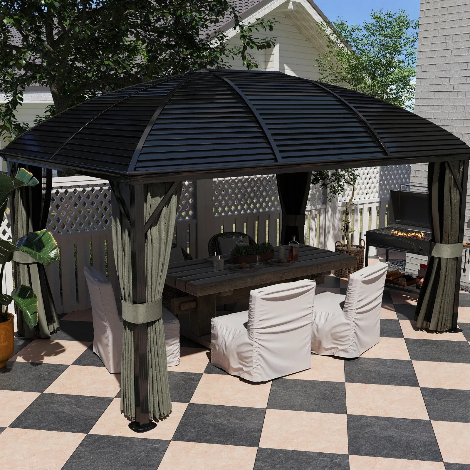 Large Hardtop Gazebo with Curtains Steel Roof Heavy Duty Garden Pavilion 3 x 4m - Home and Garden Furniture Shop - rustic - furniture
