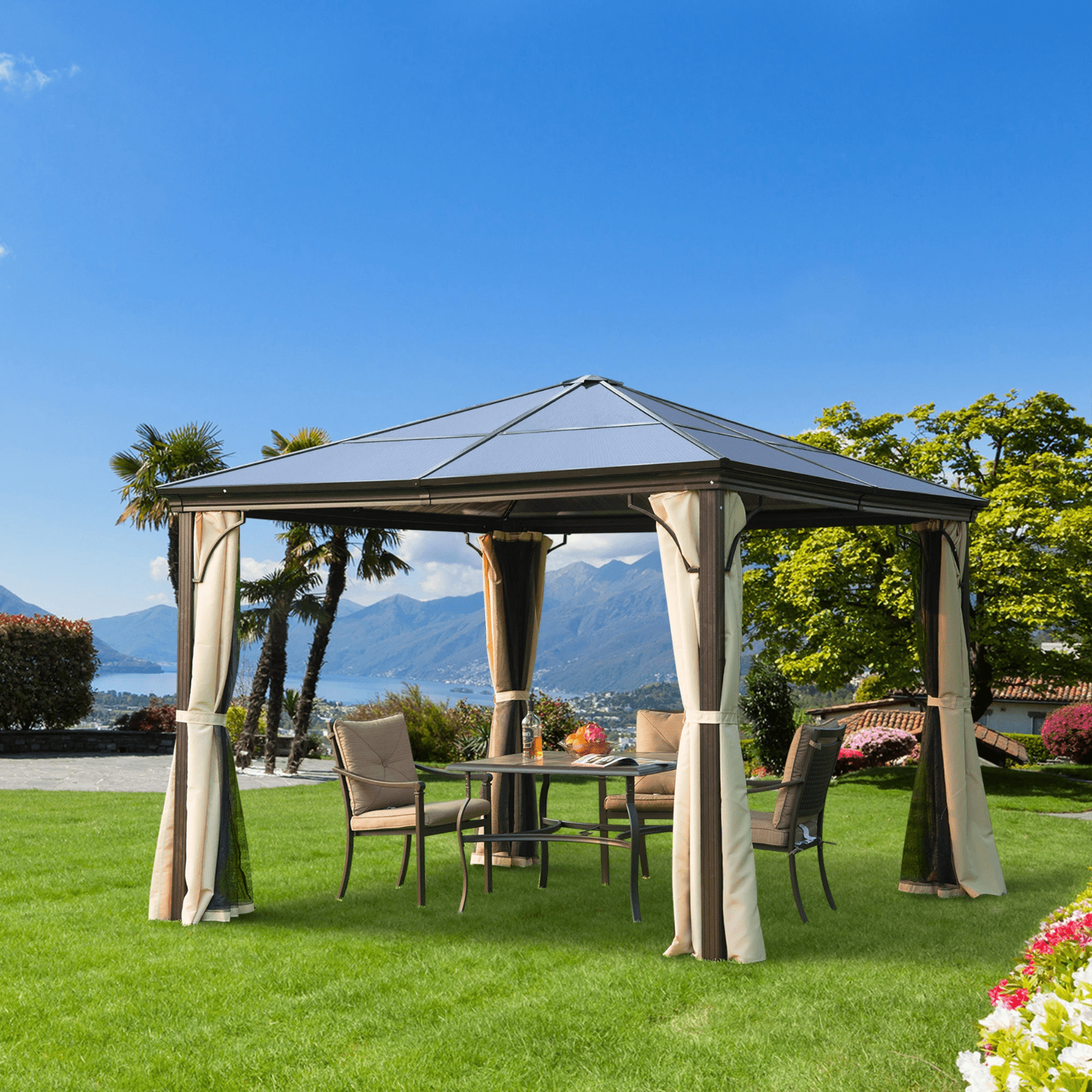 Large Hardtop Gazebo with Sides Curtains Garden Cover Metal Frame Patio Shelter - Home and Garden Furniture Shop - rustic - furniture