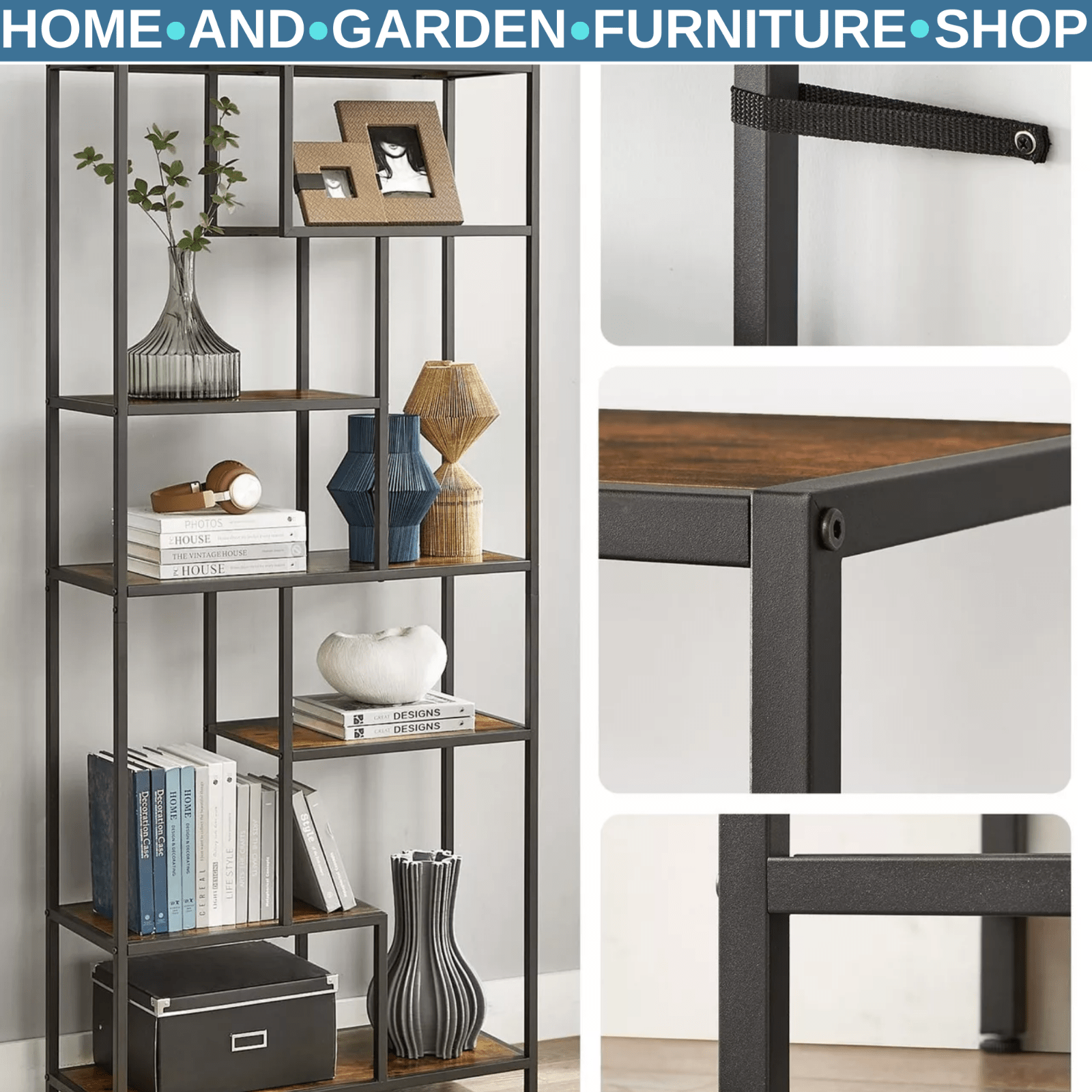 Large Heavy Duty Bookcase Storage Rack Rustic Industrial Bookshelf Metal Frame - Home and Garden Furniture Shop - rustic - furniture