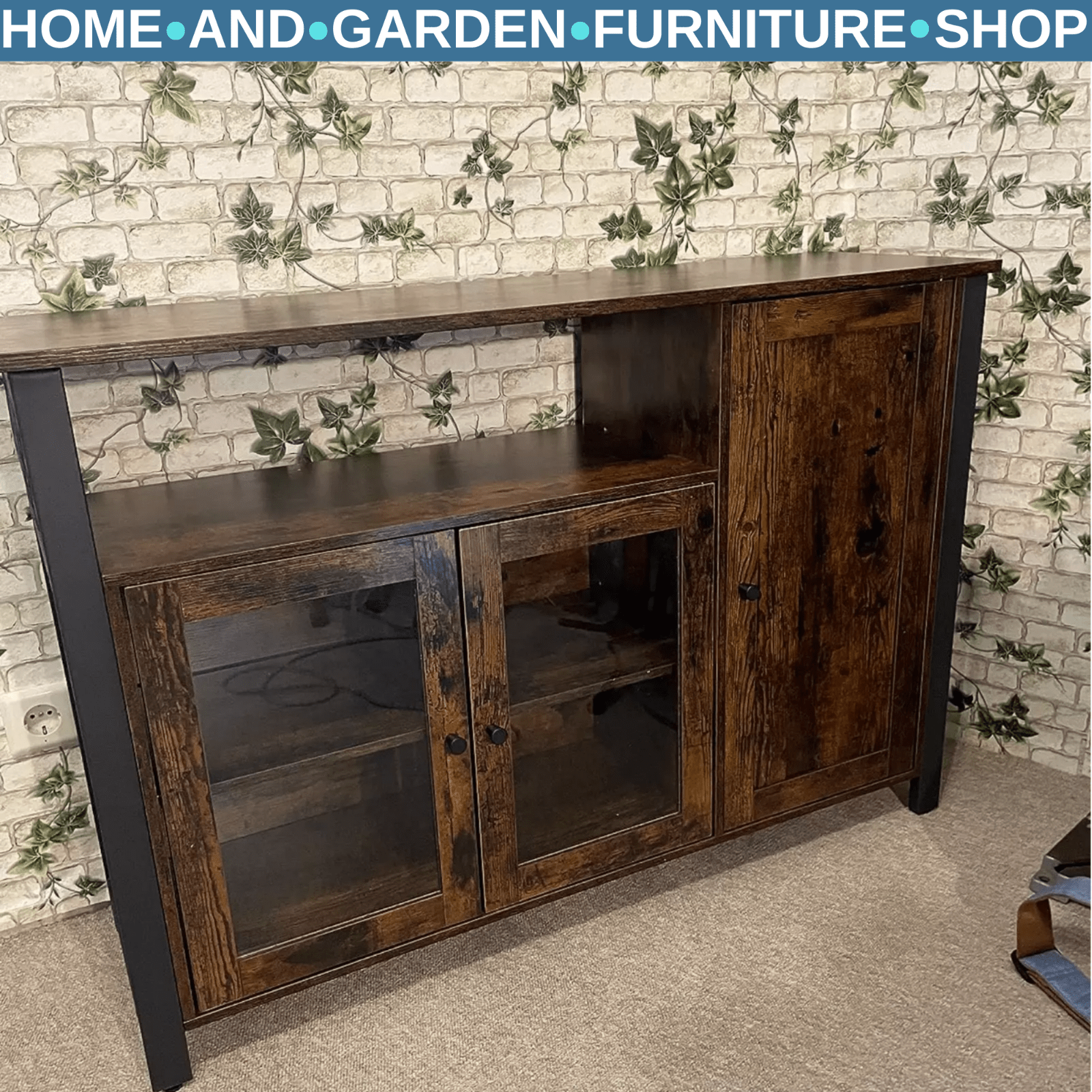 Large Industrial Glass Fronted Sideboard Storage Buffet Cabinet Kitchen Cupboard - Home and Garden Furniture Shop - rustic - furniture