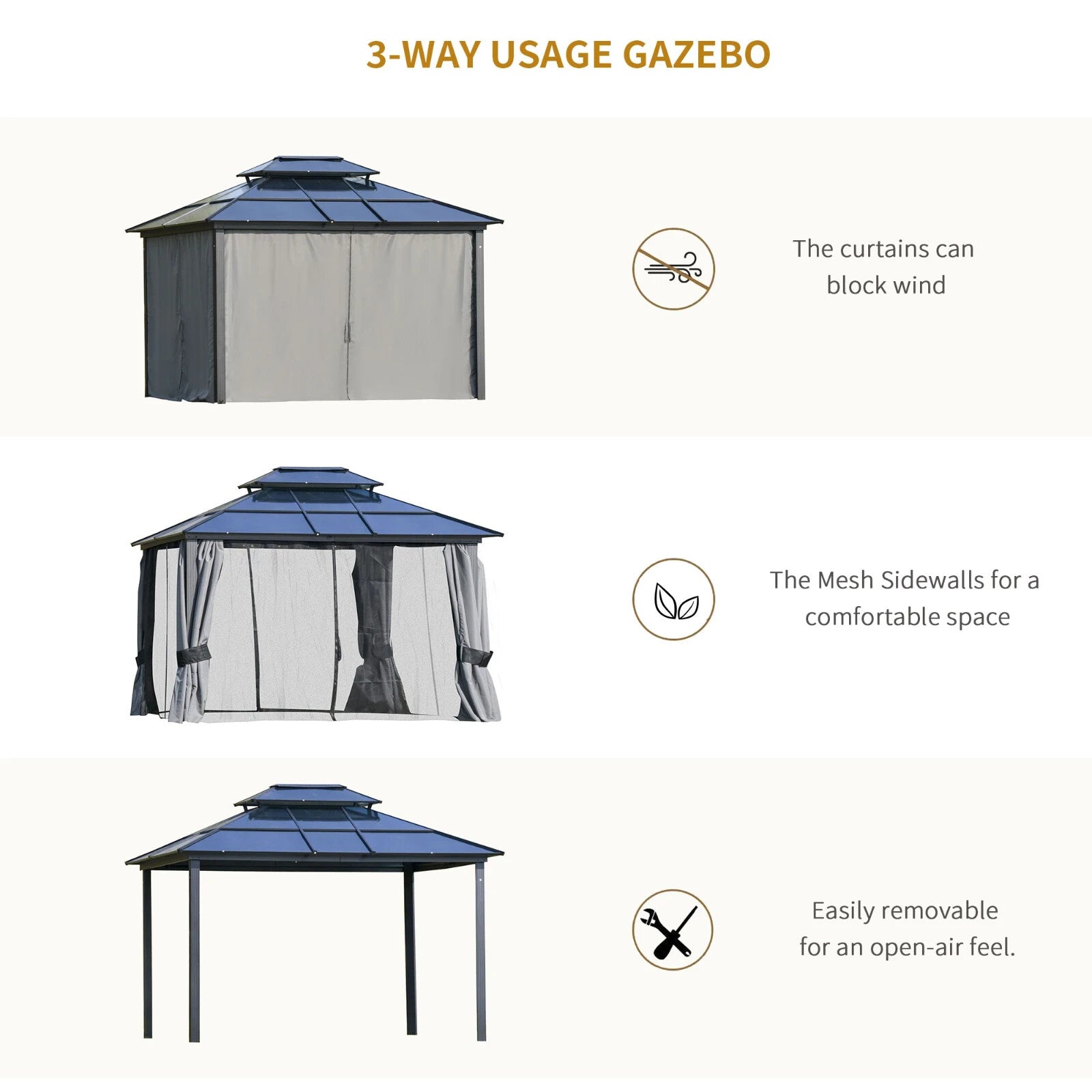 Large Metal Frame Gazebo with Sides 3x3.6m Privacy Walls Heavy Duty Hardtop Roof - Home and Garden Furniture Shop - rustic - furniture