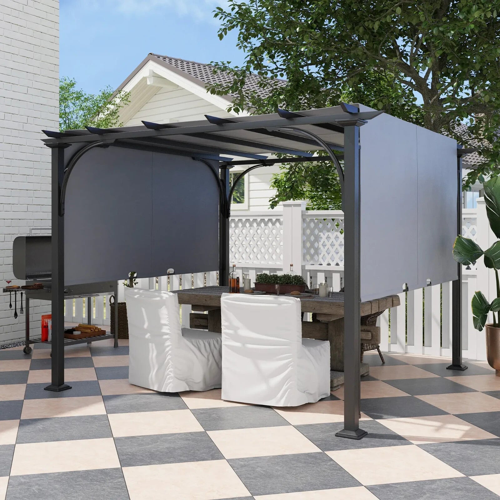 Large Metal Garden Pergola 3x3m Retractable Sun Shade Grey Patio Gazebo Canopy - Home and Garden Furniture Shop - rustic - furniture