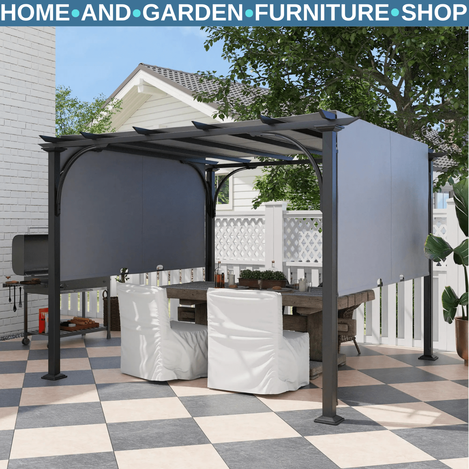 Large Metal Garden Pergola 3x3m Retractable Sun Shade Grey Patio Gazebo Canopy - Home and Garden Furniture Shop - rustic - furniture
