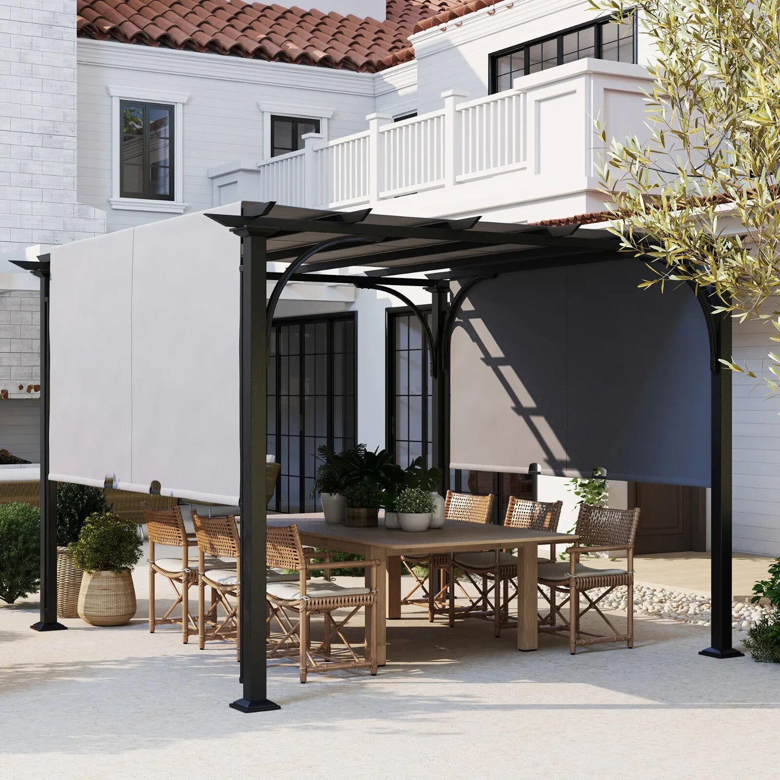Large Metal Garden Pergola 3x3m Retractable Sun Shade Grey Patio Gazebo Canopy - Home and Garden Furniture Shop - rustic - furniture