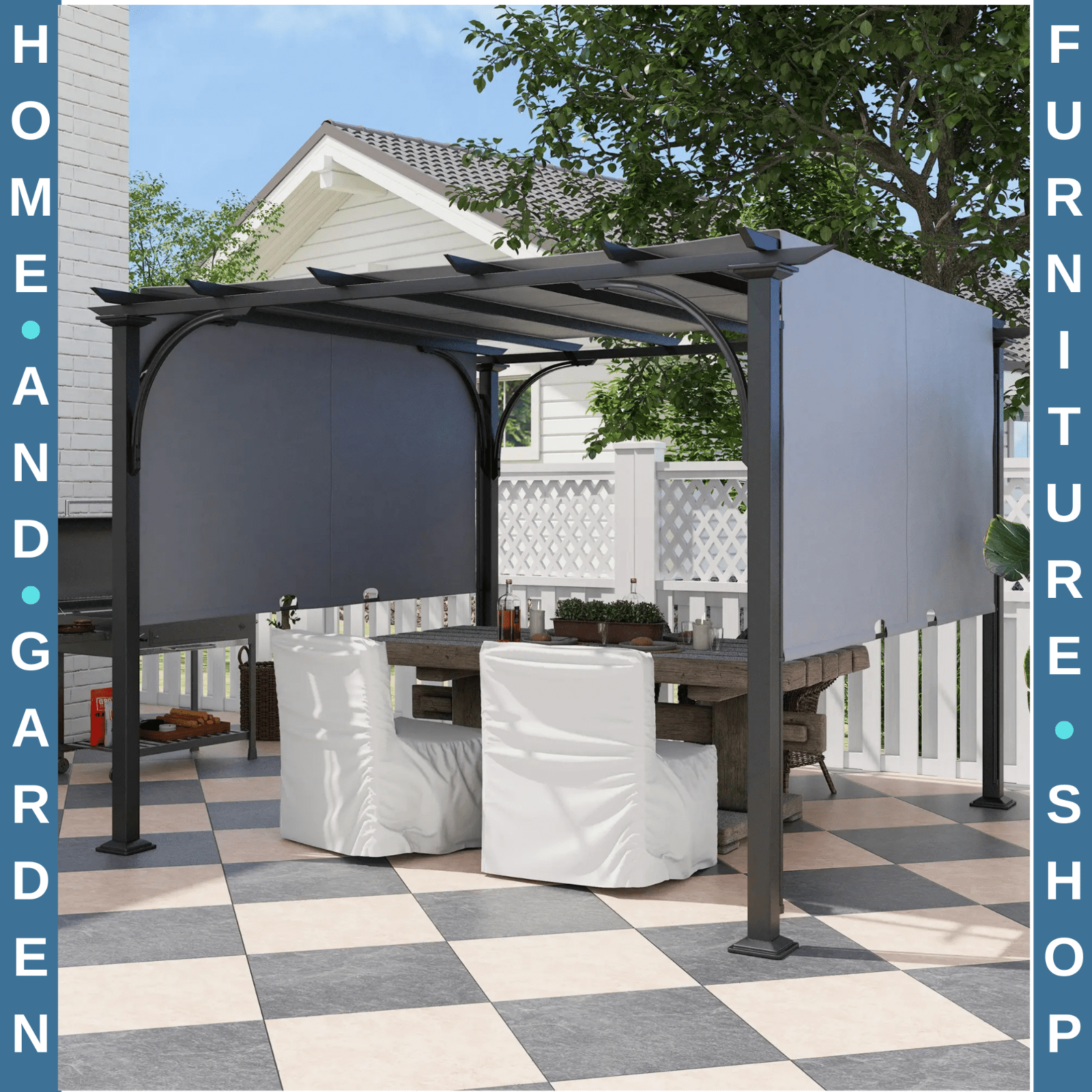 Large Metal Garden Pergola 3x3m Retractable Sun Shade Grey Patio Gazebo Canopy - Home and Garden Furniture Shop - rustic - furniture