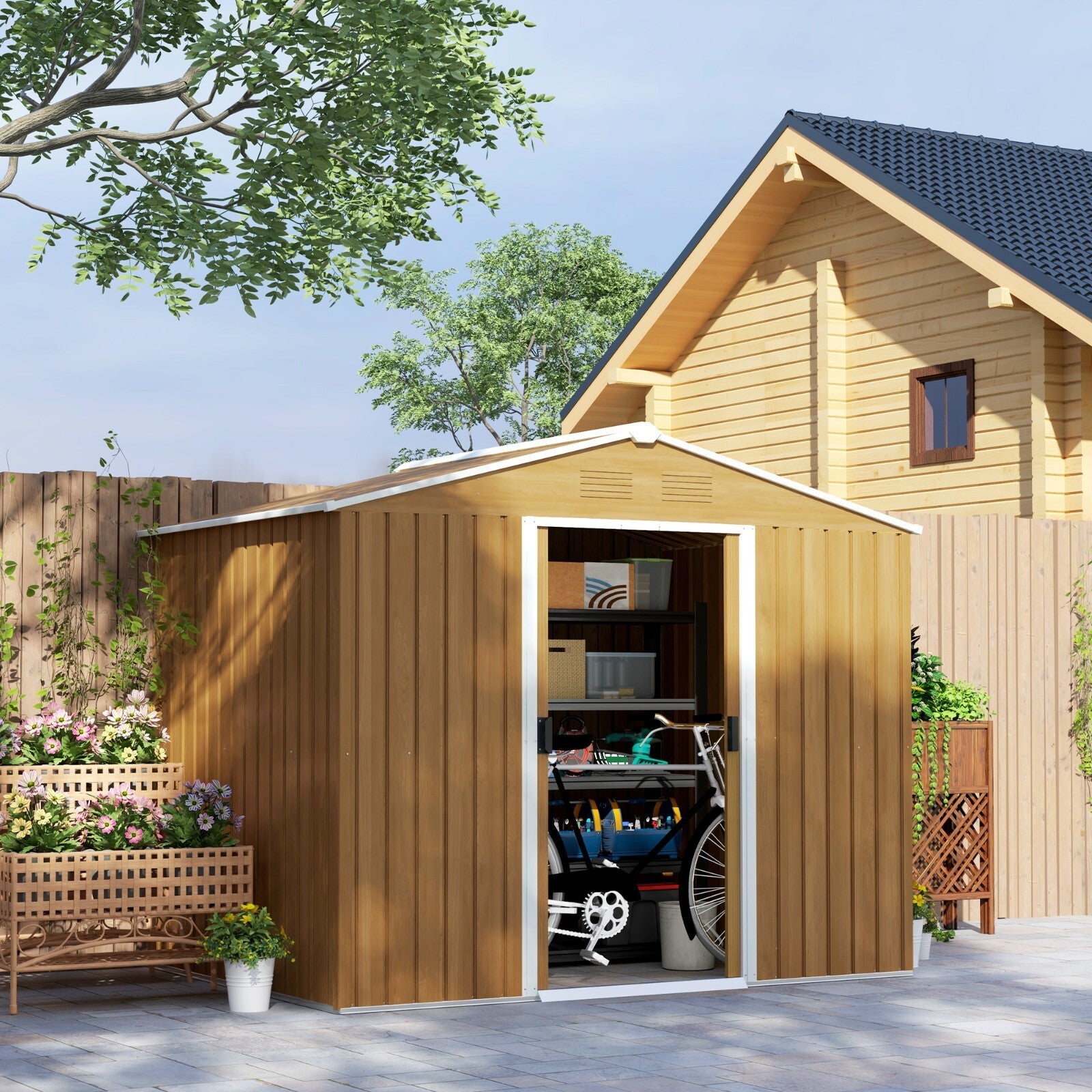 Large Metal Garden Shed 8 x 6ft Wood Effect Tool Storage Sliding Door Lockable - Home and Garden Furniture Shop - rustic - furniture