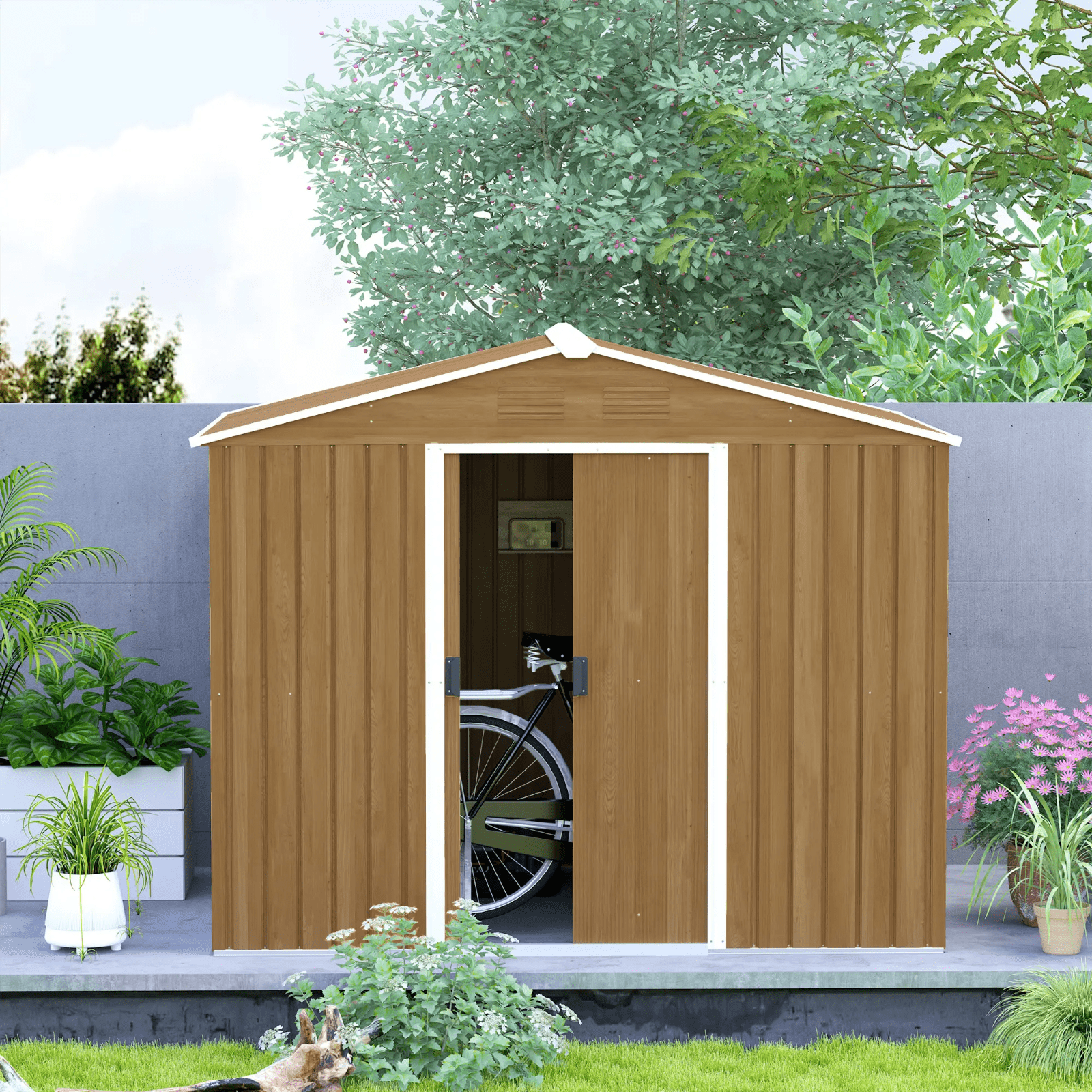 Large Metal Garden Shed 8 x 6ft Wood Effect Tool Storage Sliding Door Lockable - Home and Garden Furniture Shop - rustic - furniture