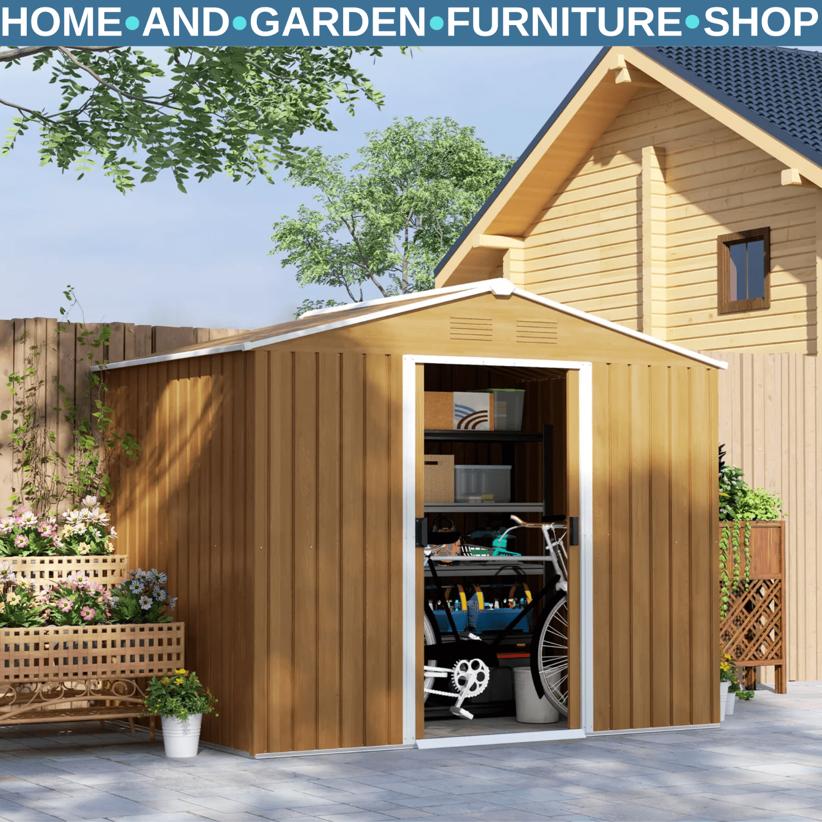 Large Metal Garden Shed 8 x 6ft Wood Effect Tool Storage Sliding Door Lockable - Home and Garden Furniture Shop - rustic - furniture