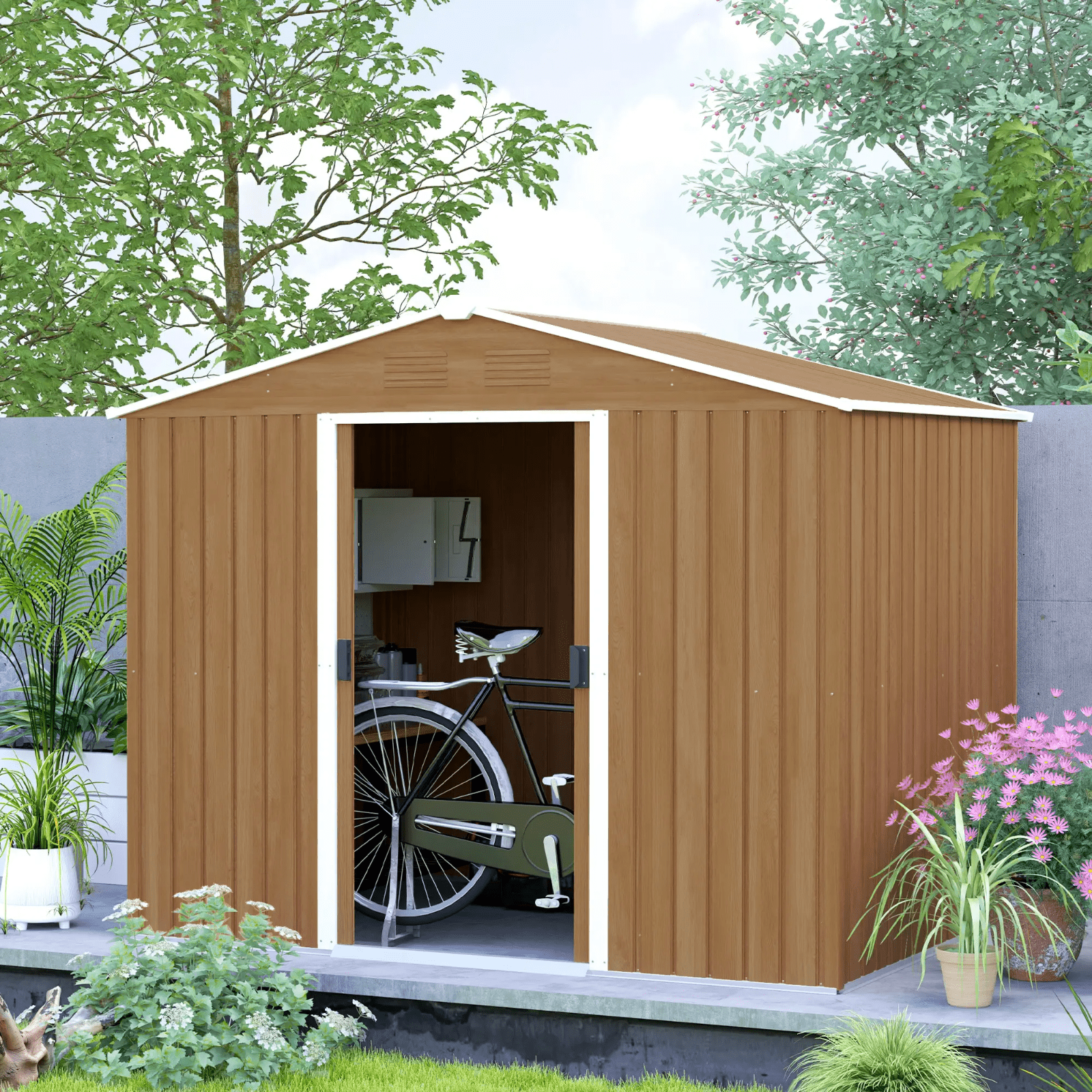 Large Metal Garden Shed 8 x 6ft Wood Effect Tool Storage Sliding Door Lockable - Home and Garden Furniture Shop - rustic - furniture