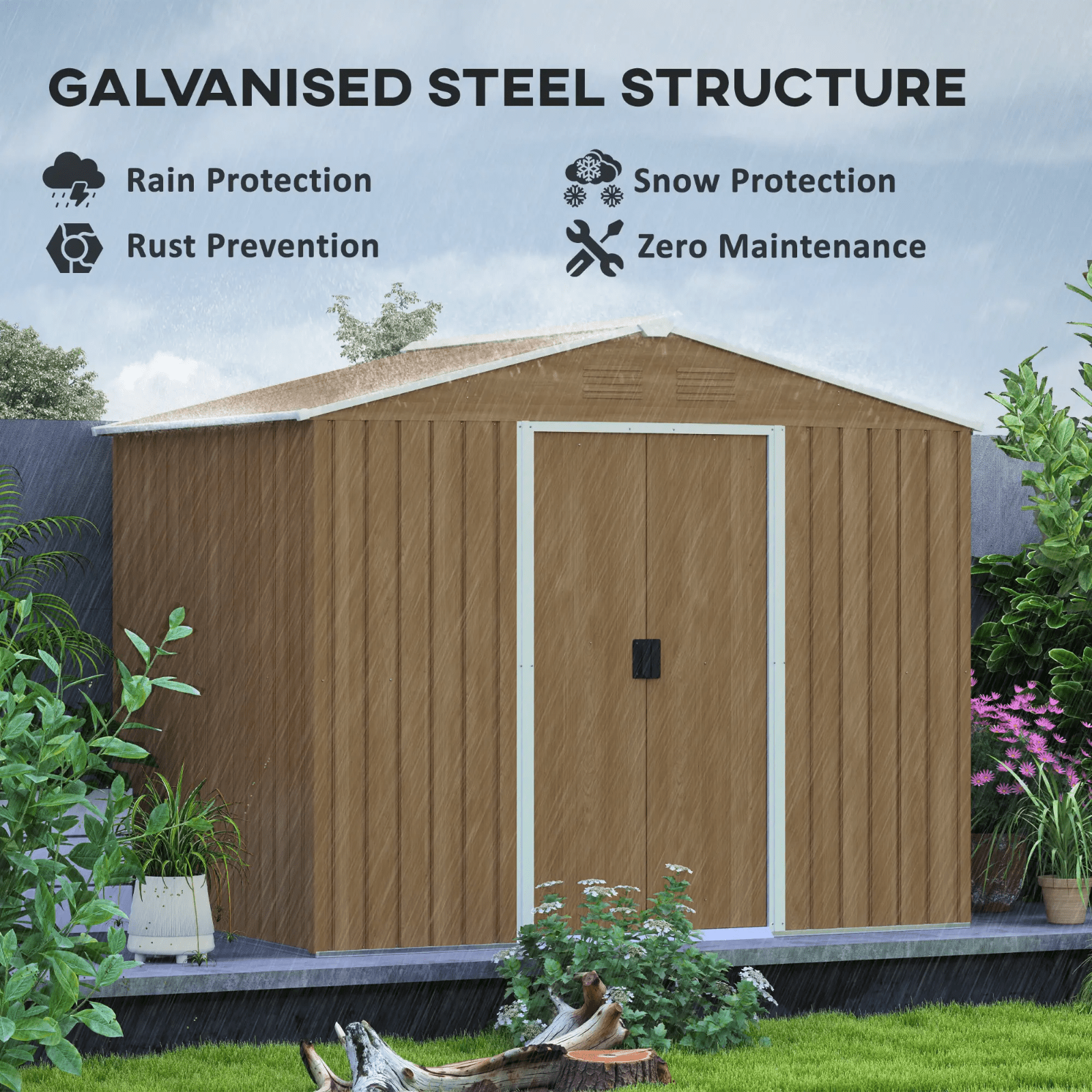 Large Metal Garden Shed 8 x 6ft Wood Effect Tool Storage Sliding Door Lockable - Home and Garden Furniture Shop - rustic - furniture