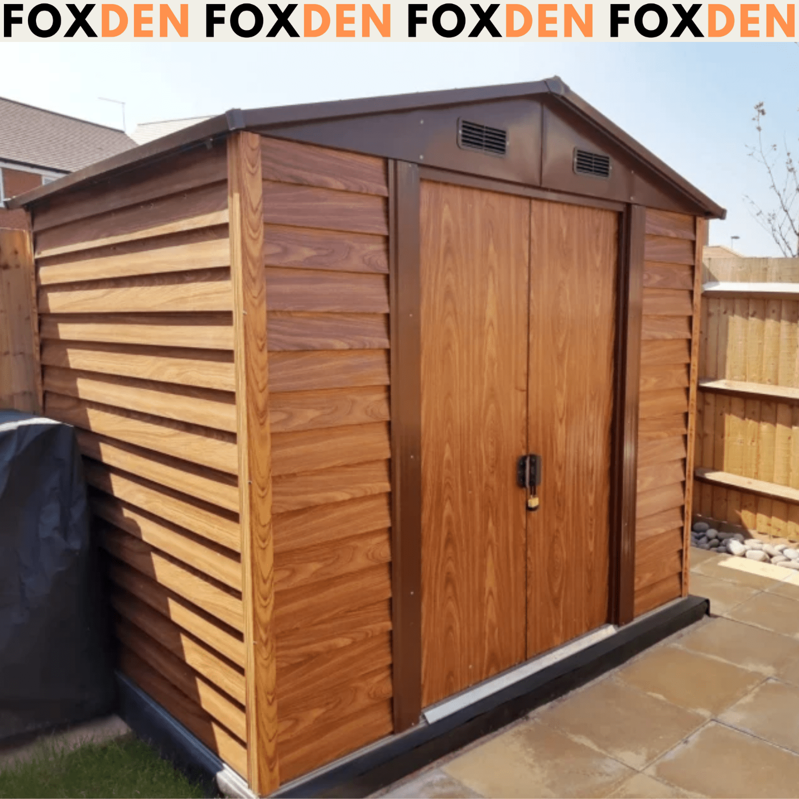 Large Metal Garden Shed 9 x 6ft Wood Effect Tool Storage Sliding Door with Lock - Home and Garden Furniture Shop - rustic - furniture