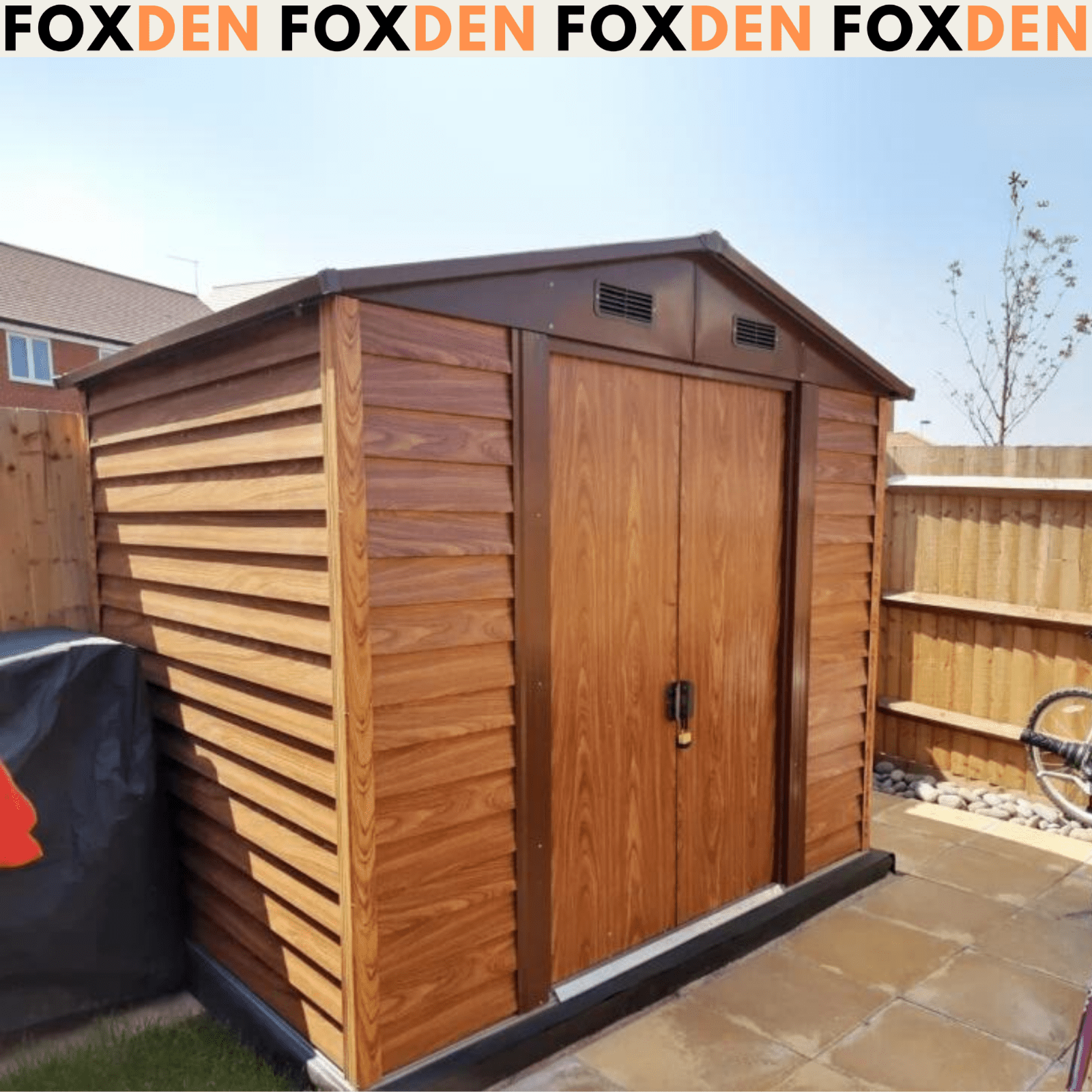 Large Metal Garden Shed 9 x 6ft Wood Effect Tool Storage Sliding Door with Lock - Home and Garden Furniture Shop - rustic - furniture