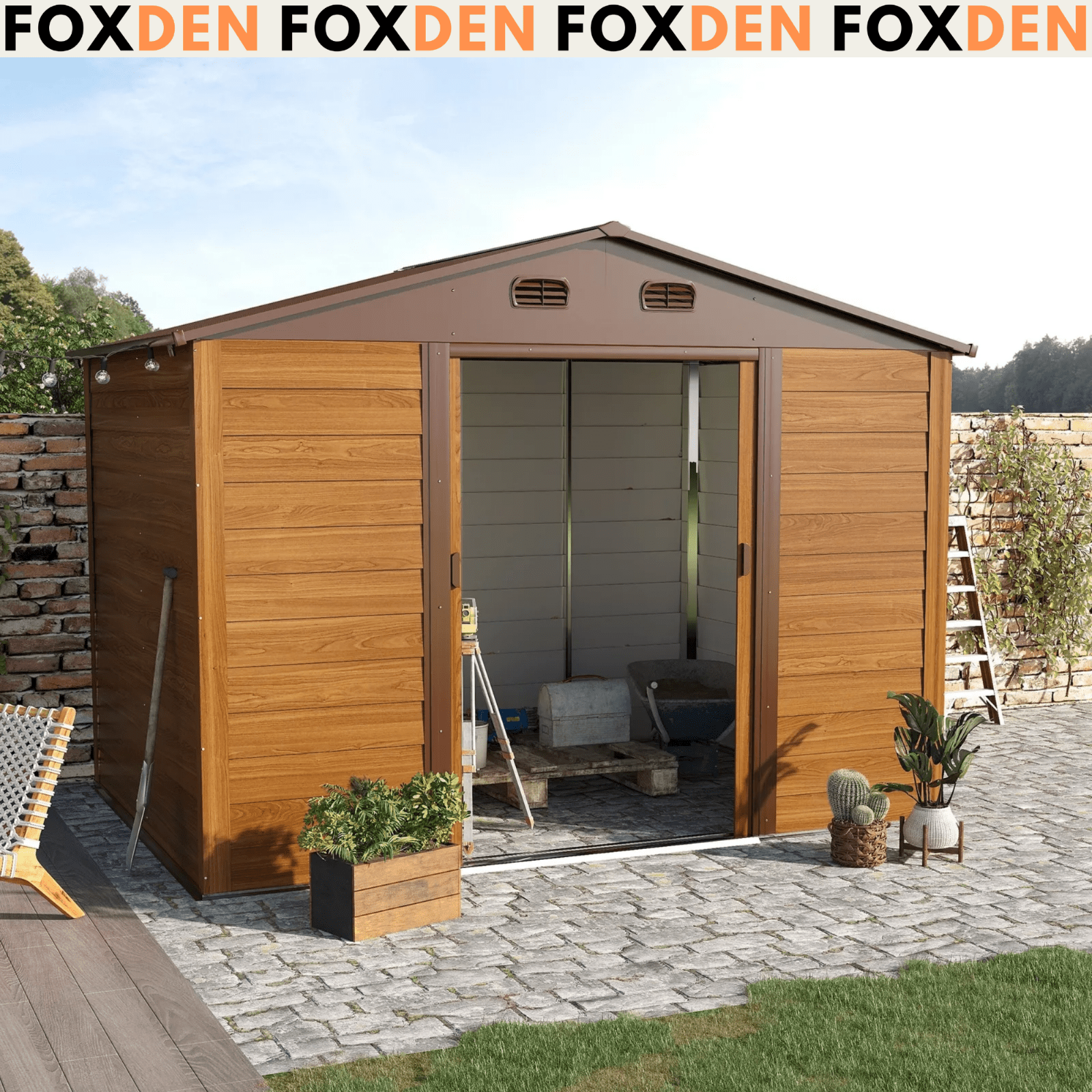 Large Metal Garden Shed 9 x 6ft Wood Effect Tool Storage Sliding Door with Lock - Home and Garden Furniture Shop - #rustic - furniture#