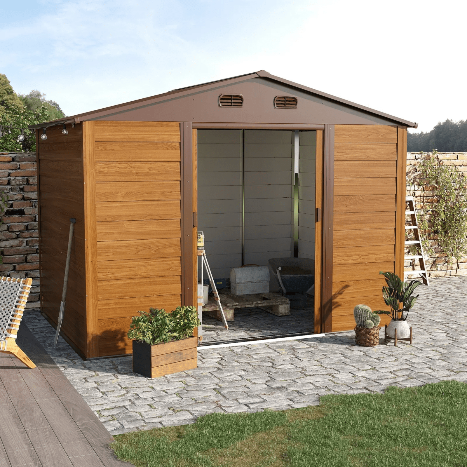 Large Metal Garden Shed 9 x 6ft Wood Effect Tool Storage Sliding Door with Lock - Home and Garden Furniture Shop - #rustic - furniture#