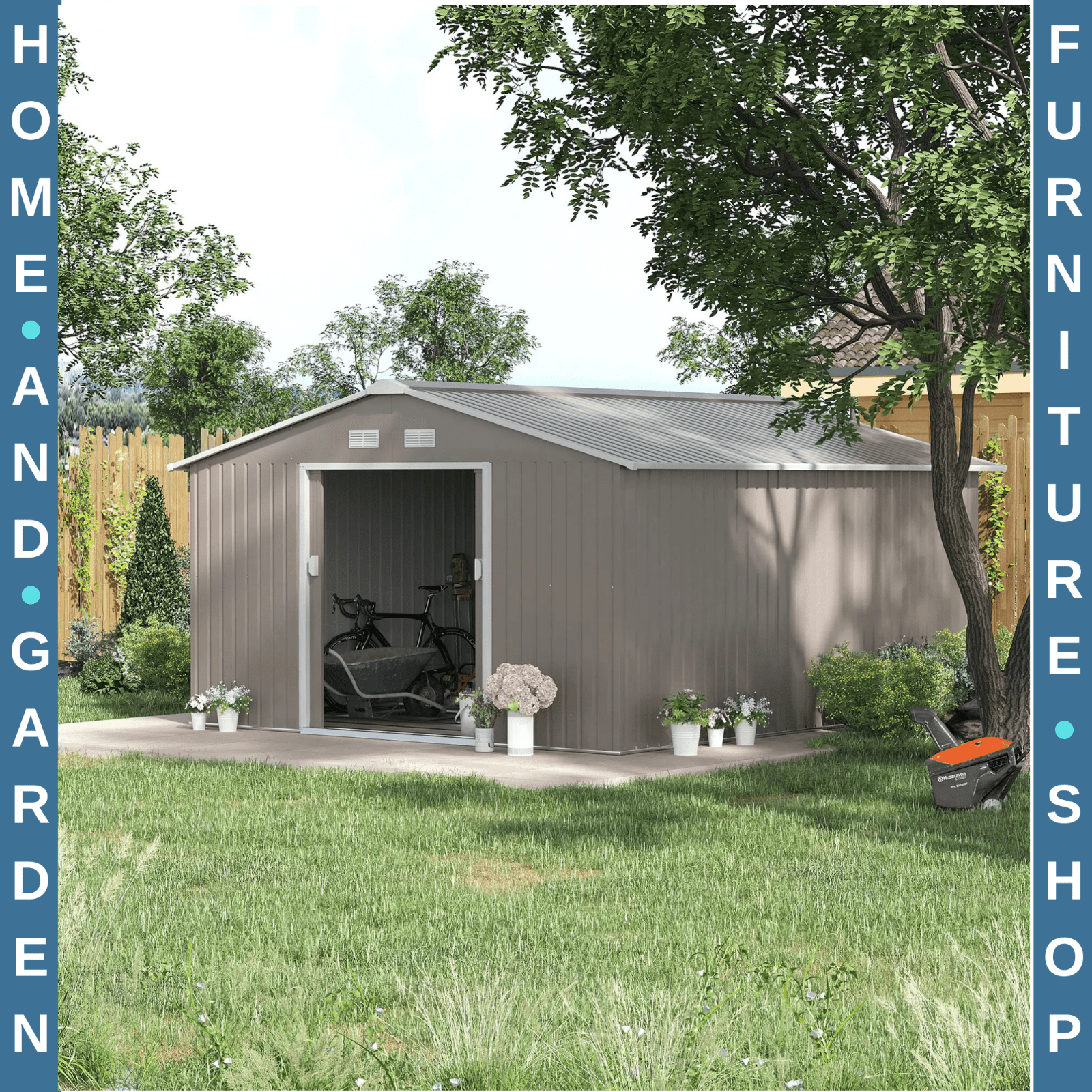 Large Metal Garden Shed Storage with Foundation Kit & Vents Grey Doors 13 x 11ft - Home and Garden Furniture Shop - rustic - furniture