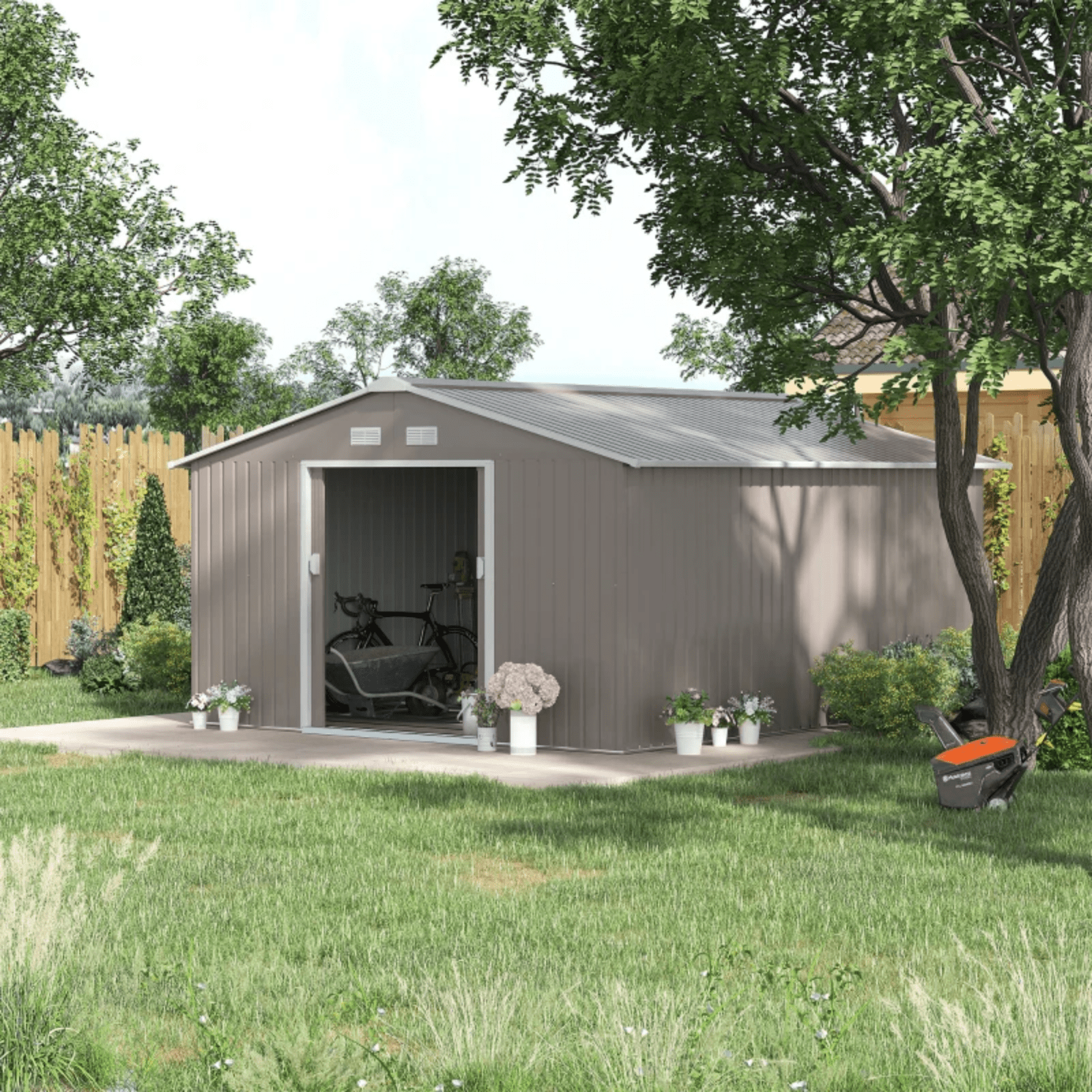 Large Metal Garden Shed Storage with Foundation Kit & Vents Grey Doors 13 x 11ft - Home and Garden Furniture Shop - #rustic - furniture#