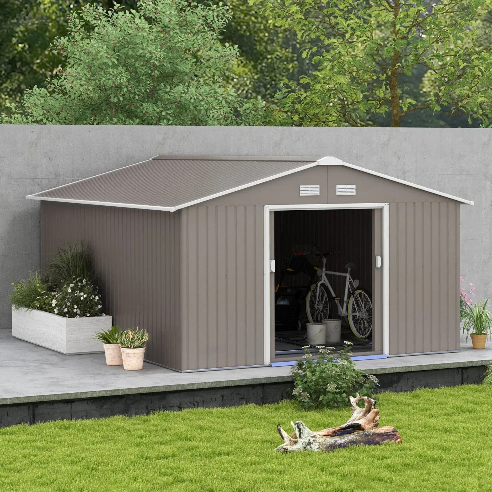 Large Metal Garden Shed Storage with Foundation Kit & Vents Grey Doors 13 x 11ft - Home and Garden Furniture Shop - rustic - furniture