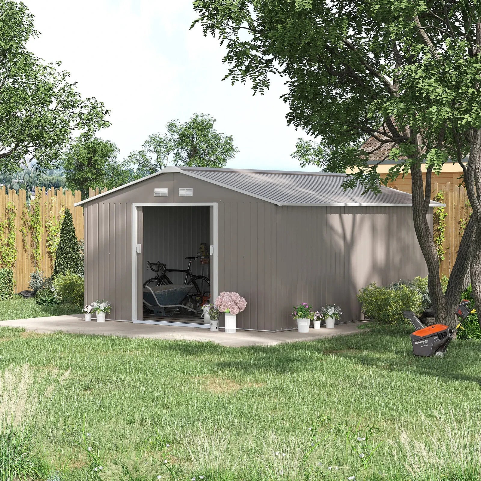 Large Metal Garden Shed Storage with Foundation Kit & Vents Grey Doors 13 x 11ft - Home and Garden Furniture Shop - rustic - furniture
