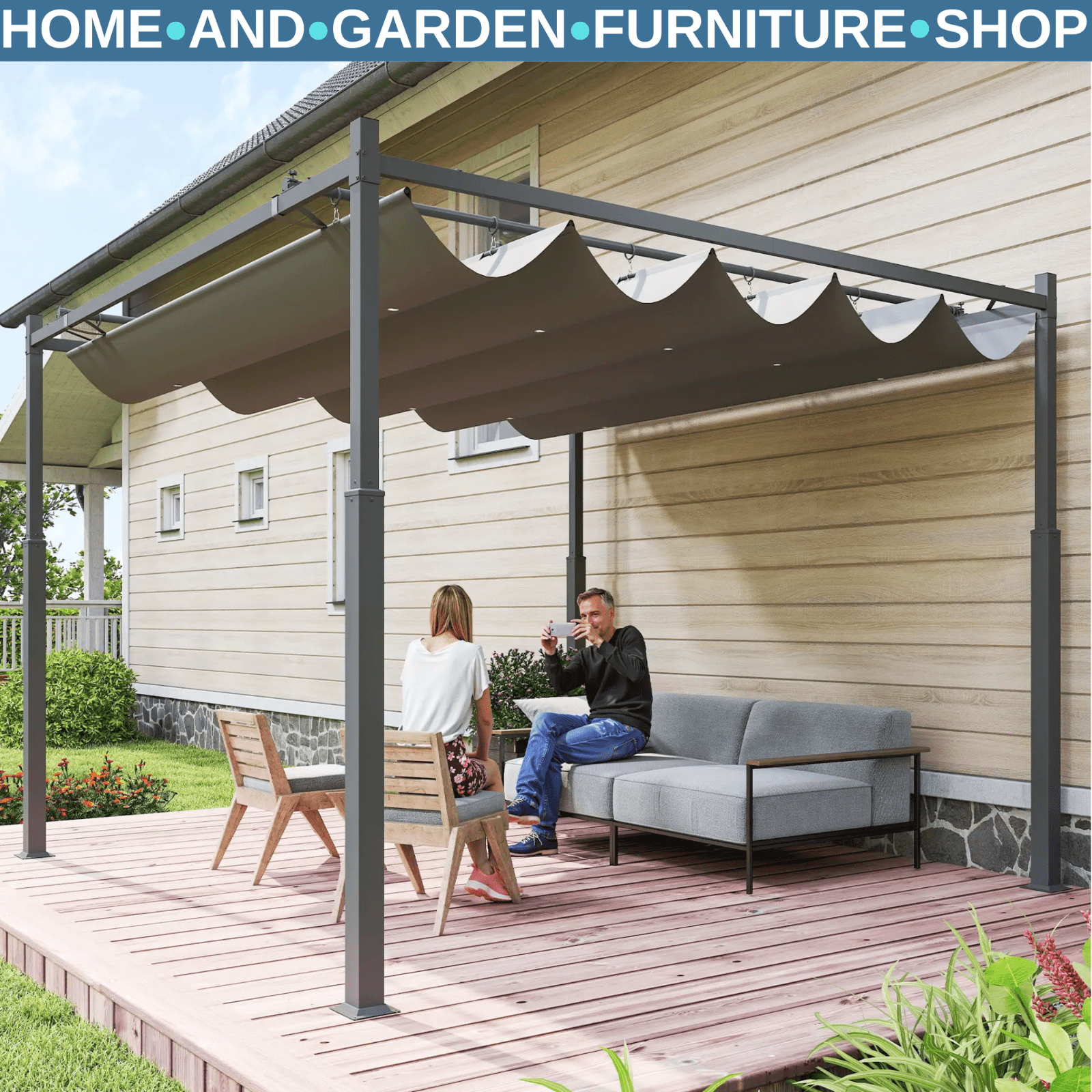 Large Metal Pergola with Roof Heavy Duty Frame 3m Patio Gazebo Shelter Canopy - Home and Garden Furniture Shop - rustic - furniture