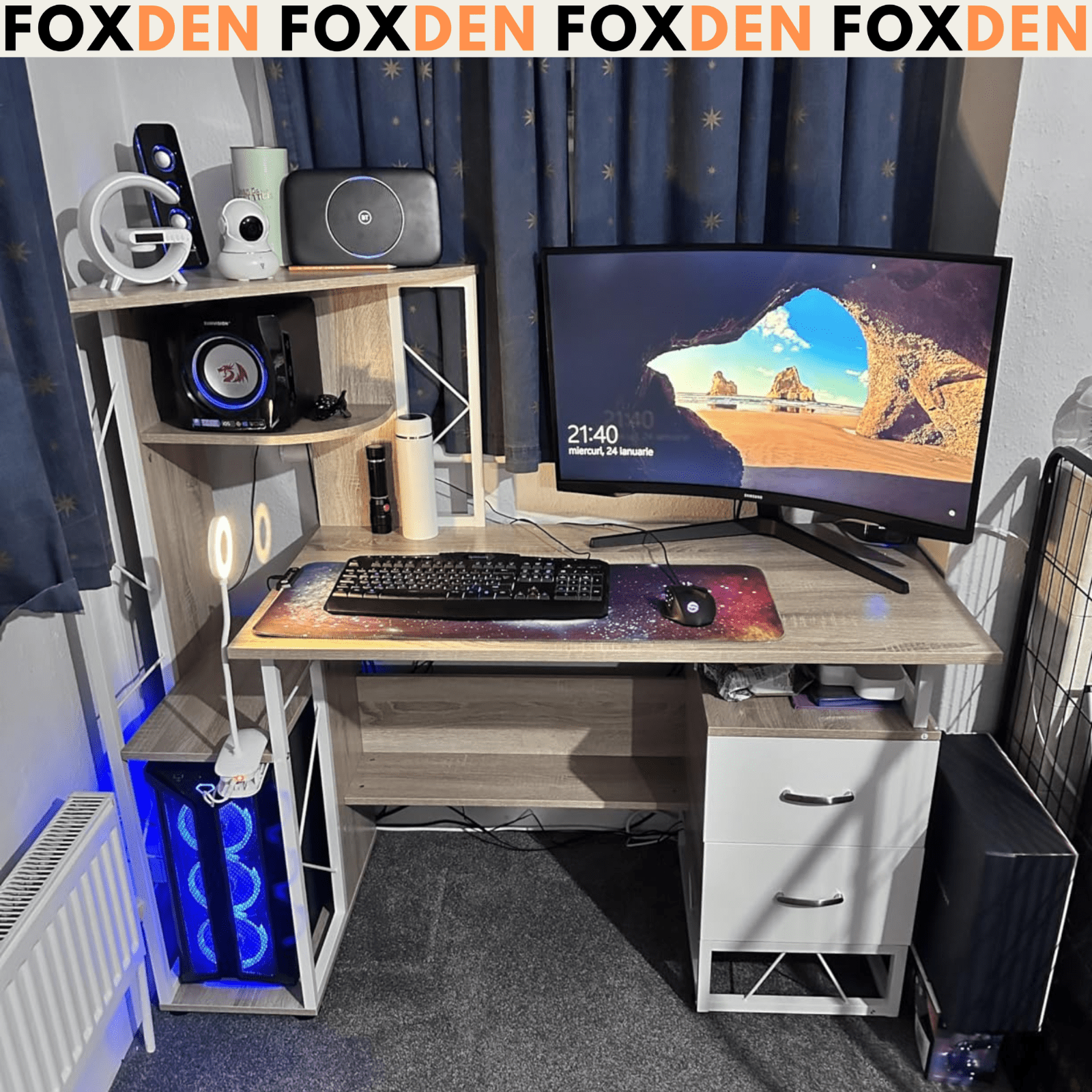 Large Oak Computer Desk 2 Drawers Shelves Study Workstation PC Table Home Office - Home and Garden Furniture Shop - rustic - furniture