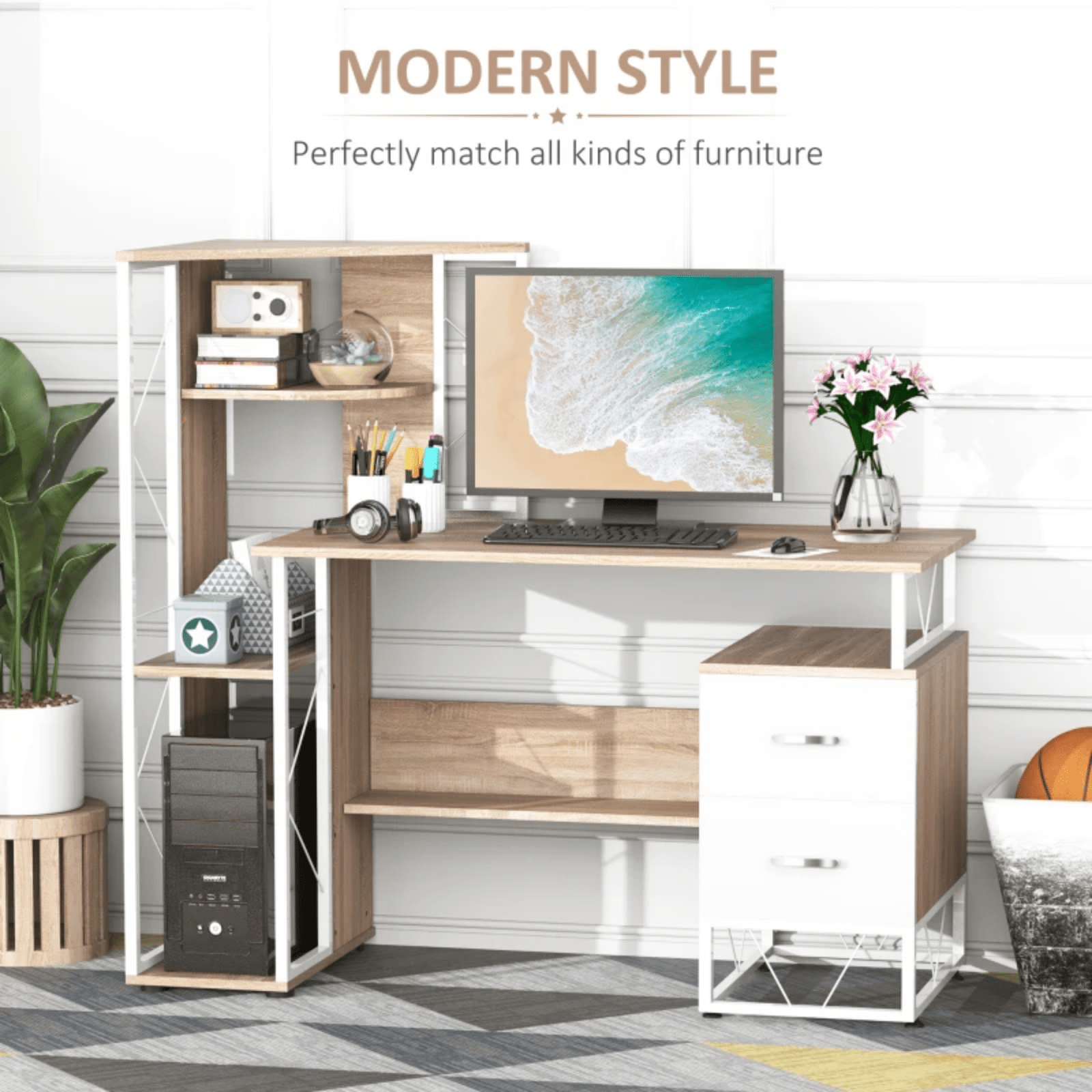 Large Oak Computer Desk 2 Drawers Shelves Study Workstation PC Table Home Office - Home and Garden Furniture Shop - rustic - furniture