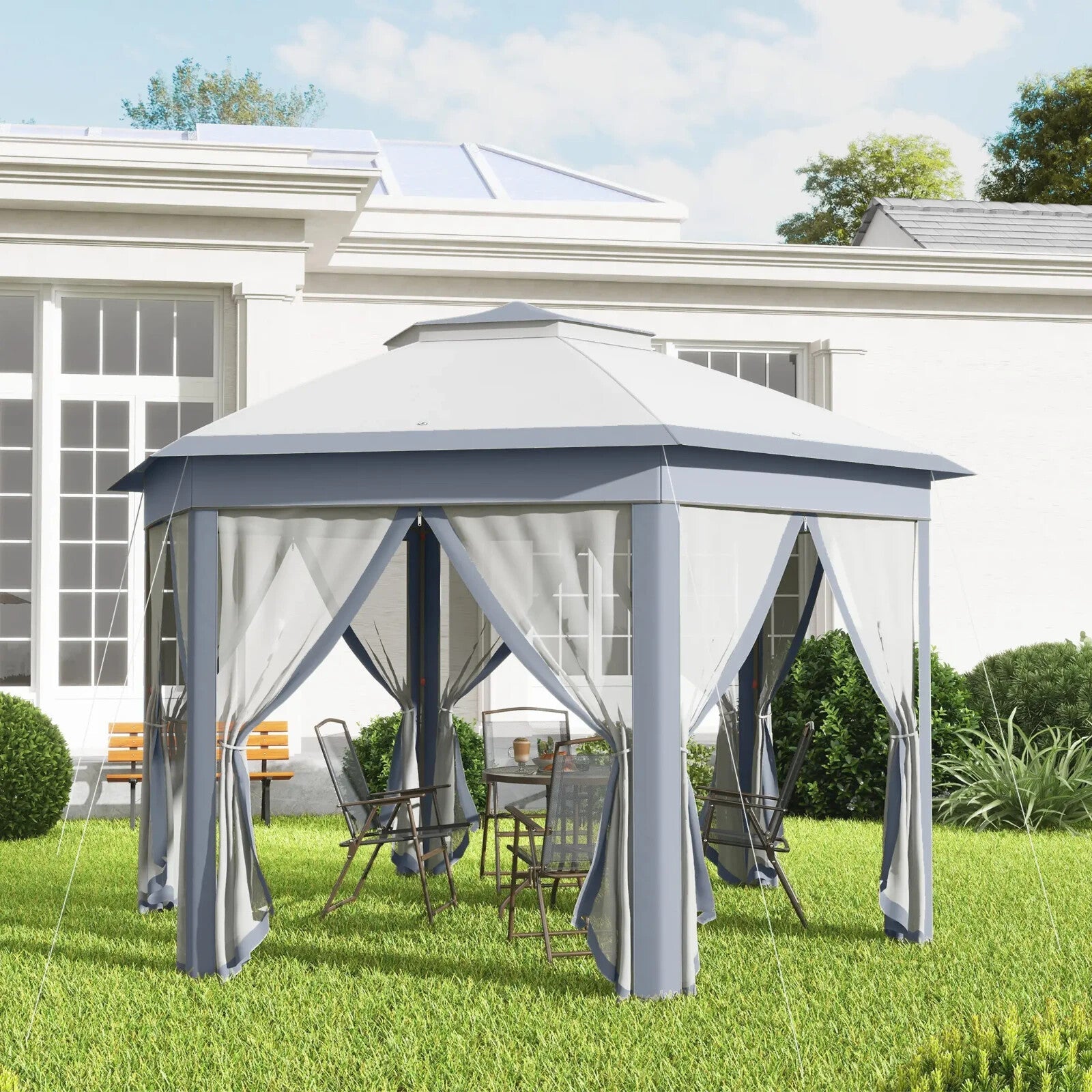Large Outdoor Garden Hexagon Pop Up Gazebo Sides 4x 4m Heavy Duty Cover Curtains - Home and Garden Furniture Shop - rustic - furniture