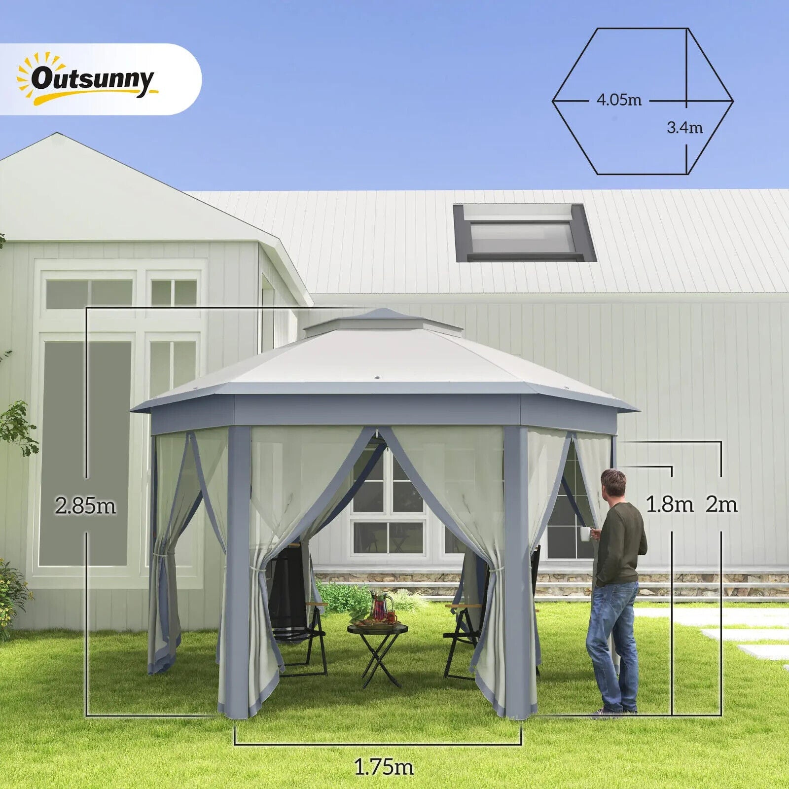 Large Outdoor Garden Hexagon Pop Up Gazebo Sides 4x 4m Heavy Duty Cover Curtains - Home and Garden Furniture Shop - rustic - furniture