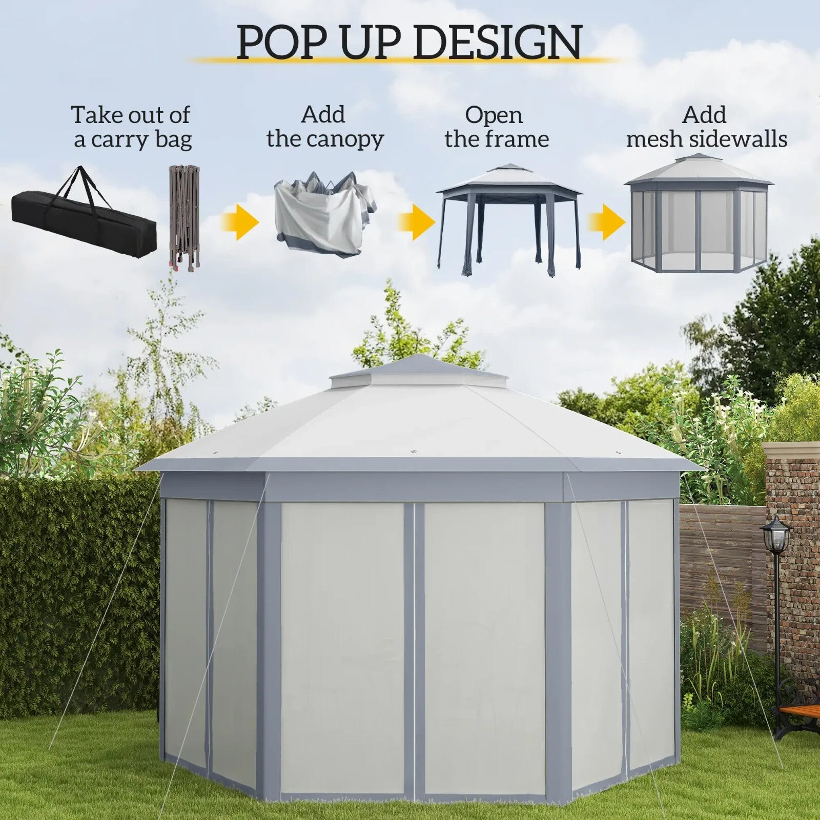 Large Outdoor Garden Hexagon Pop Up Gazebo Sides 4x 4m Heavy Duty Cover Curtains - Home and Garden Furniture Shop - rustic - furniture