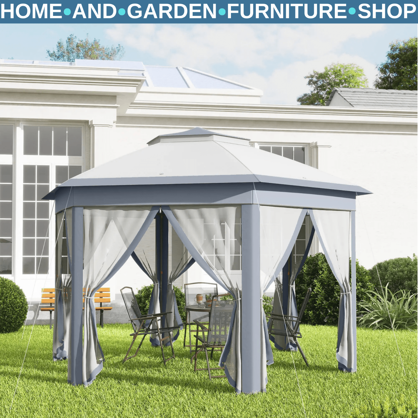 Large Outdoor Garden Hexagon Pop Up Gazebo Sides 4x 4m Heavy Duty Cover Curtains - Home and Garden Furniture Shop - rustic - furniture