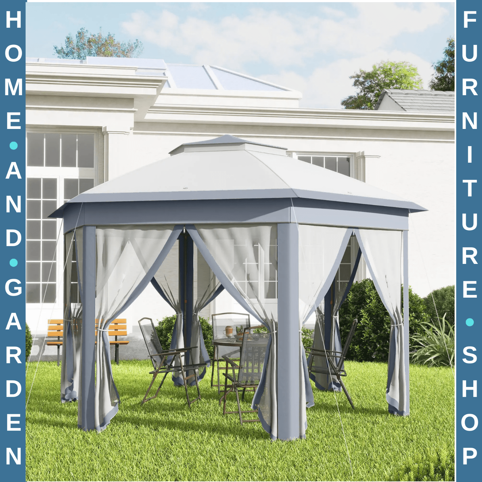 Large Outdoor Garden Hexagon Pop Up Gazebo Sides 4x 4m Heavy Duty Cover Curtains - Home and Garden Furniture Shop - rustic - furniture