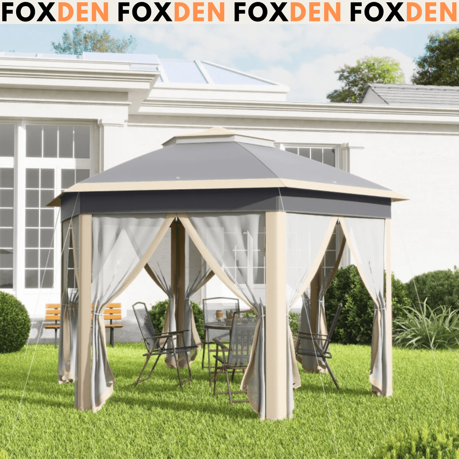 Large Outdoor Garden Hexagon Pop Up Gazebo Sides 4x 4m Shelter Cover Curtains - Home and Garden Furniture Shop - #rustic - furniture#