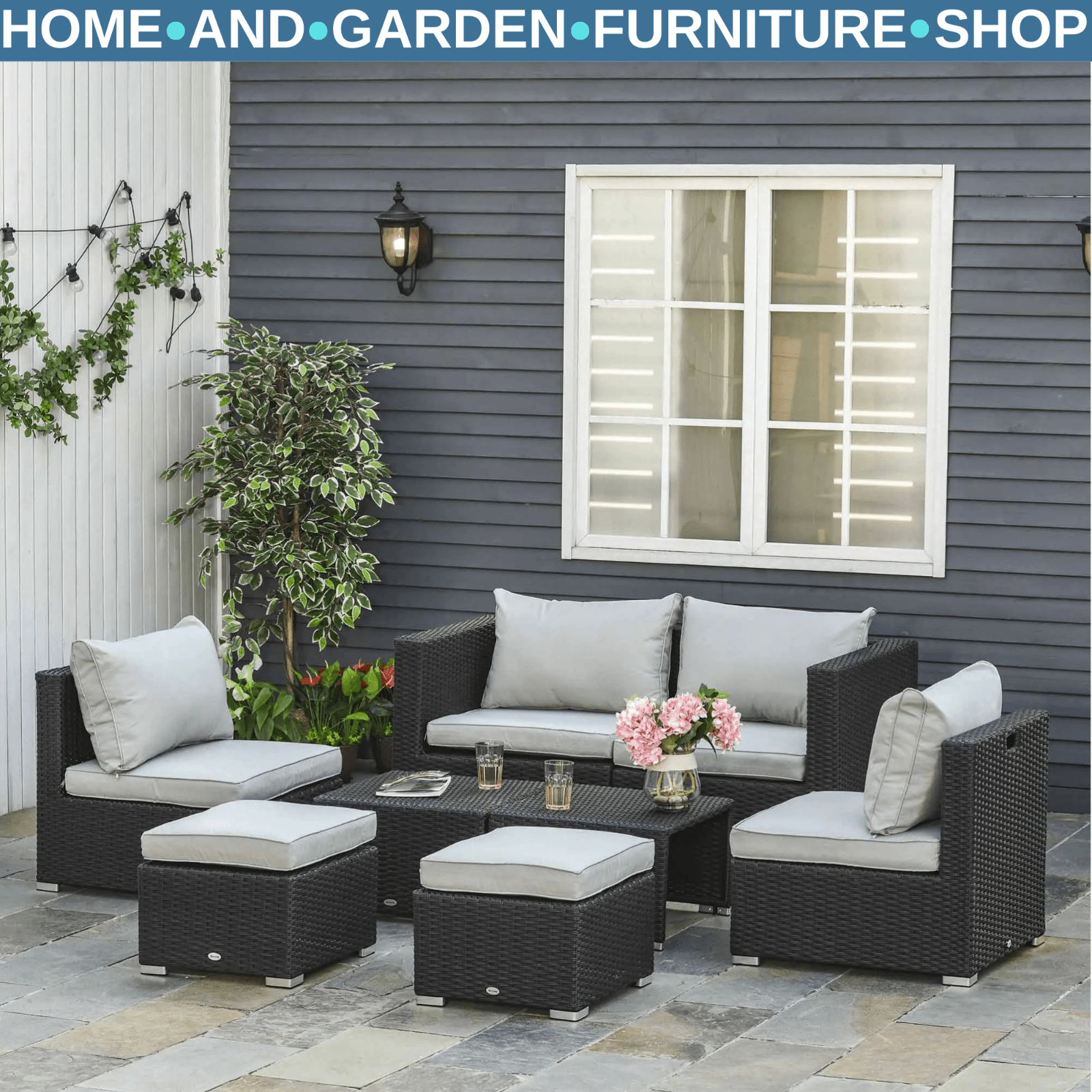 Large Outdoor Patio Furniture Black Garden Wicker Rattan Sofa Chair & Table Set - Home and Garden Furniture Shop - rustic - furniture