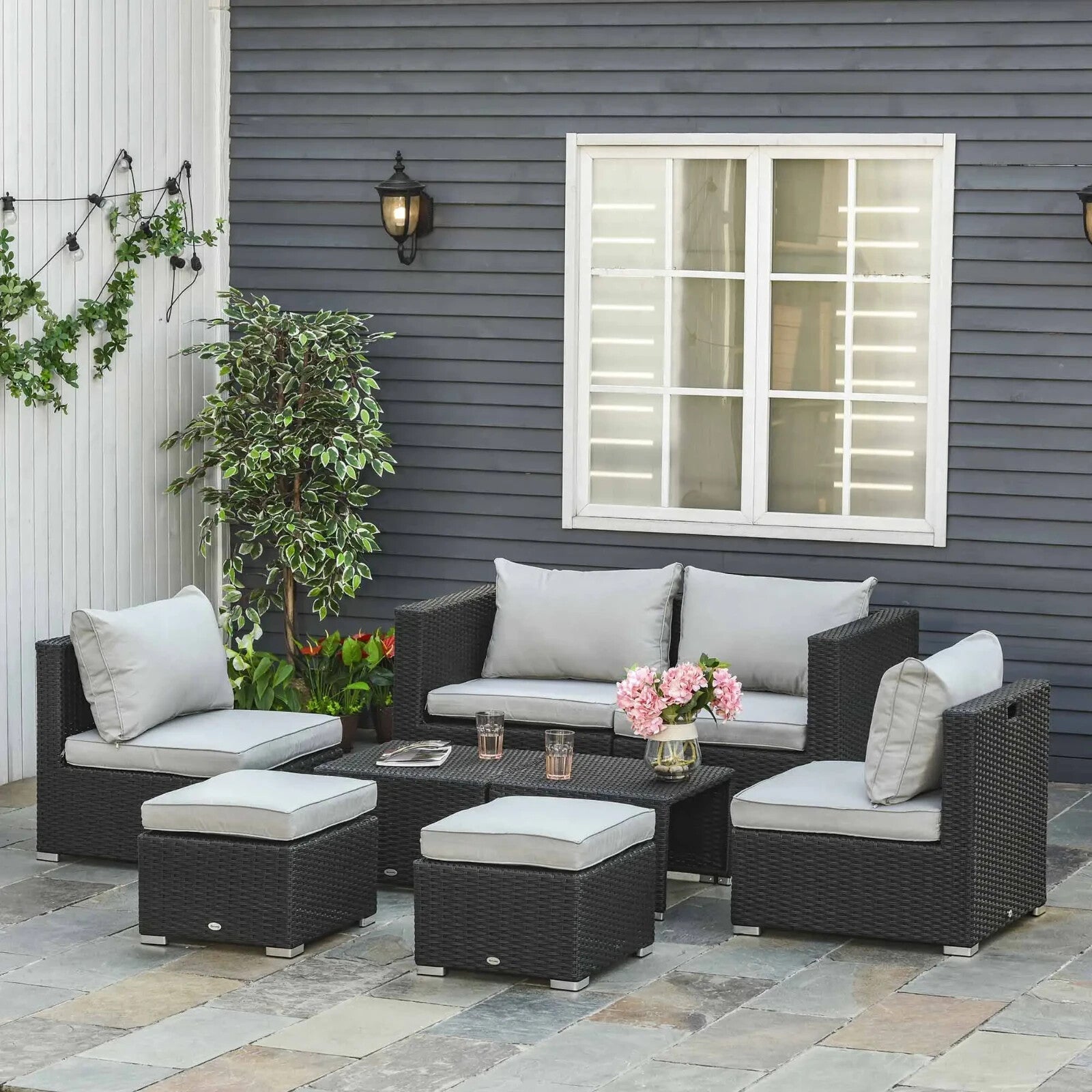 Large Outdoor Patio Furniture Black Garden Wicker Rattan Sofa Chair & Table Set - Home and Garden Furniture Shop - rustic - furniture