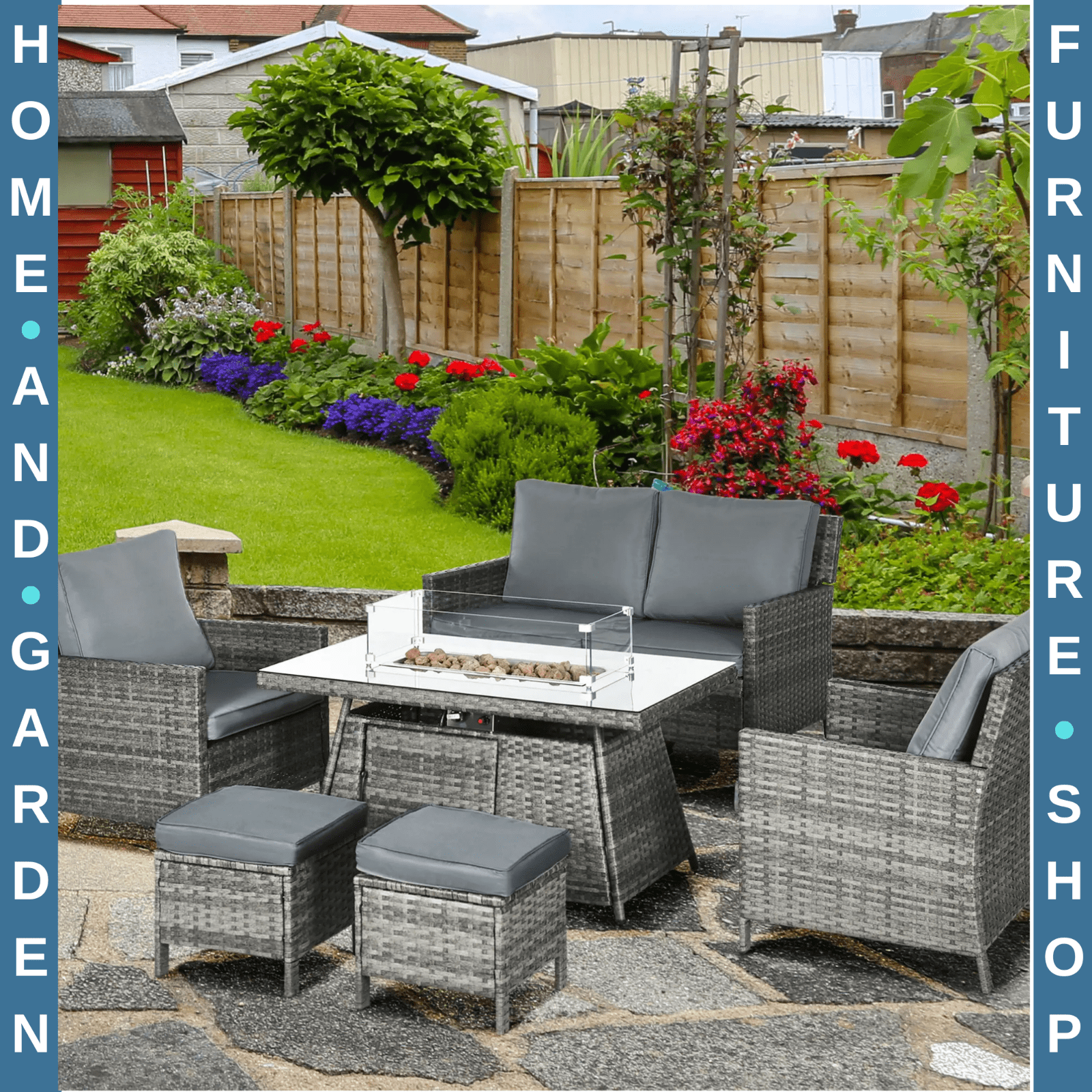 Large Patio Rattan Sofa Garden Furniture Set Armchairs Footstools Fire Pit Table - Home and Garden Furniture Shop - rustic - furniture